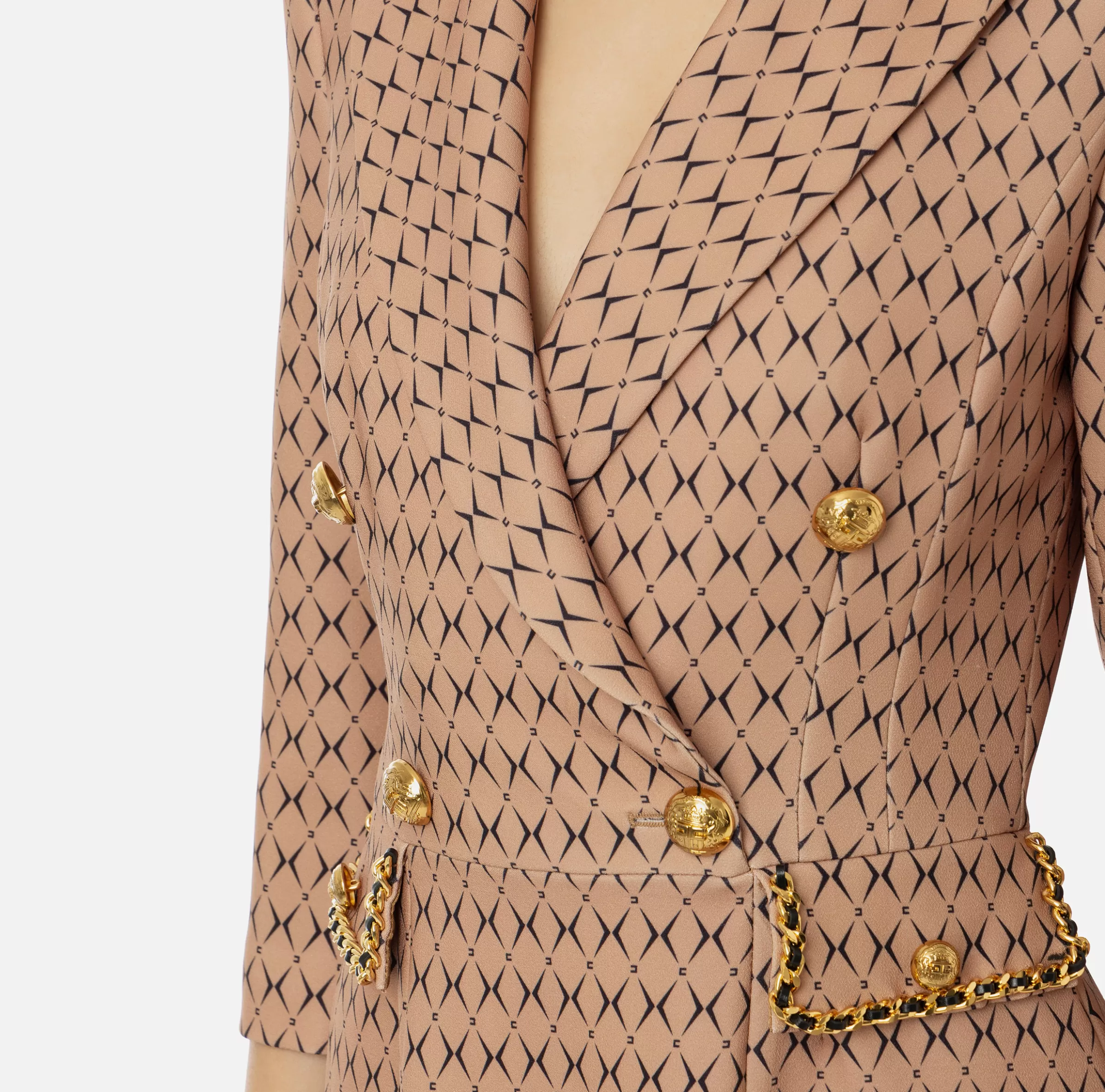 Elisabetta Franchi Mini Abiti | Robes Manteaux^Robe manteau in crêpe stretch stampa rombo con catena Camel/Nero