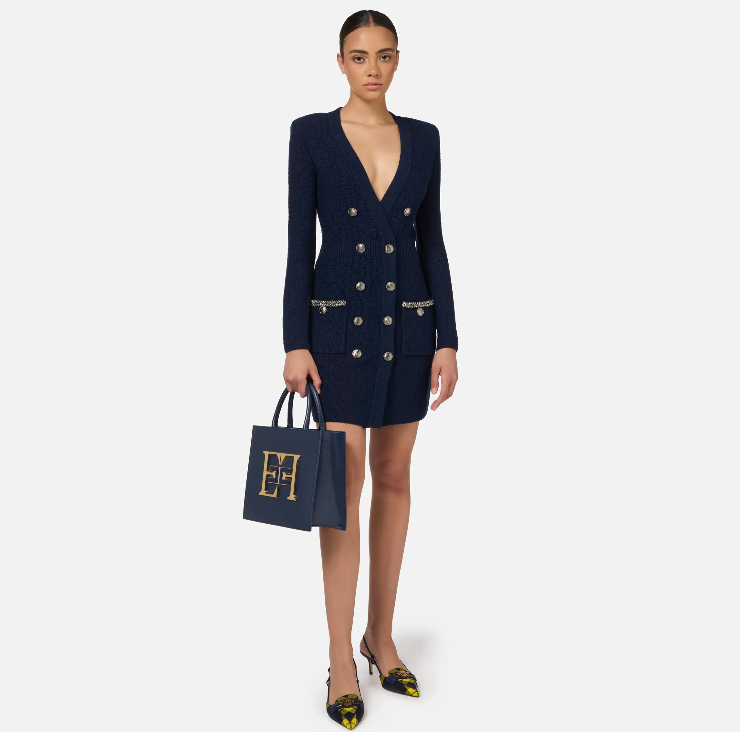 Elisabetta Franchi Mini Abiti | Abiti In Maglia^Robe manteau in lana bouclé con ricamo Navy