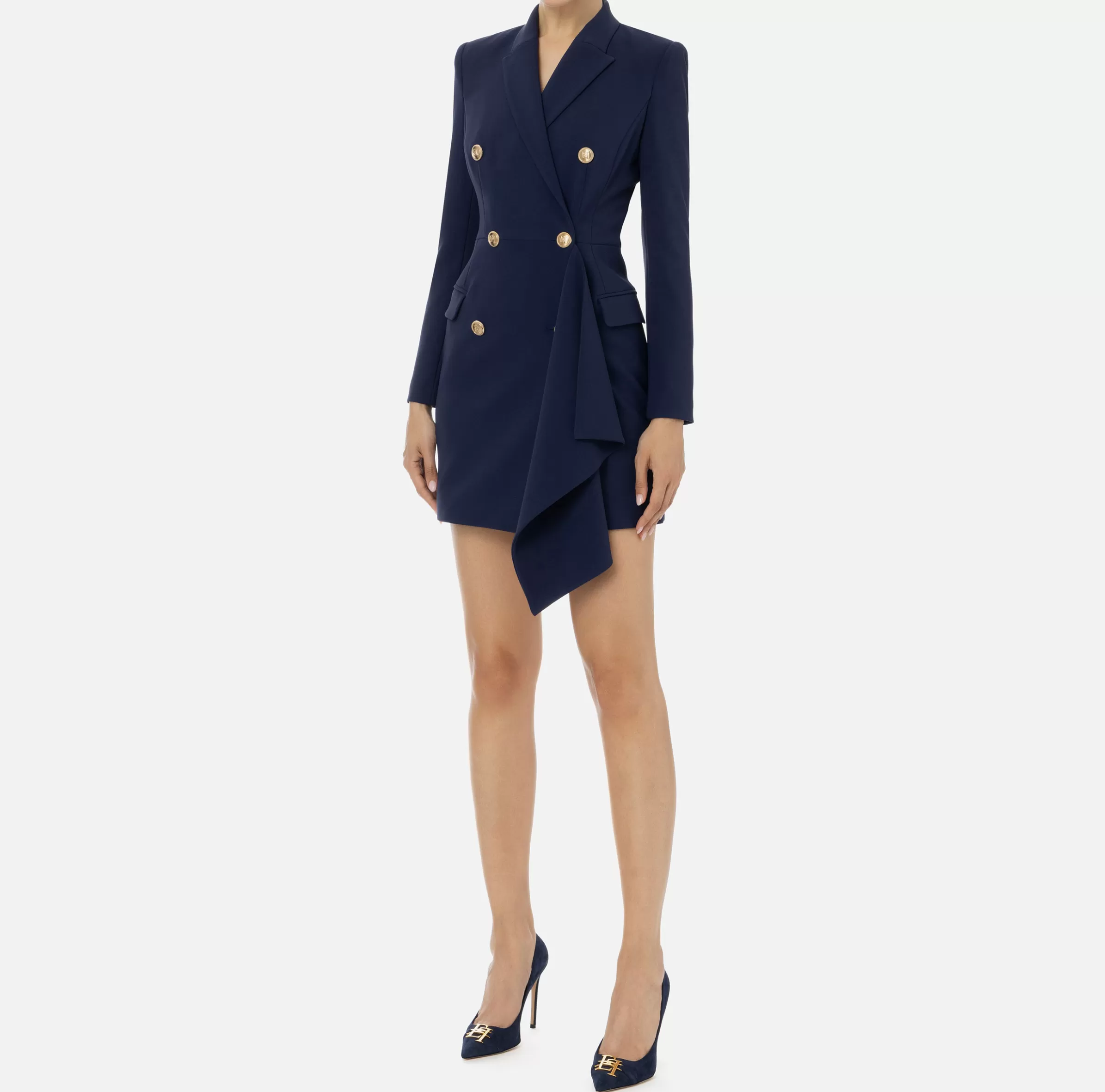 Elisabetta Franchi Mini Abiti | Robes Manteaux^Robe-manteau doppiopetto in crêpe con ruche Navy
