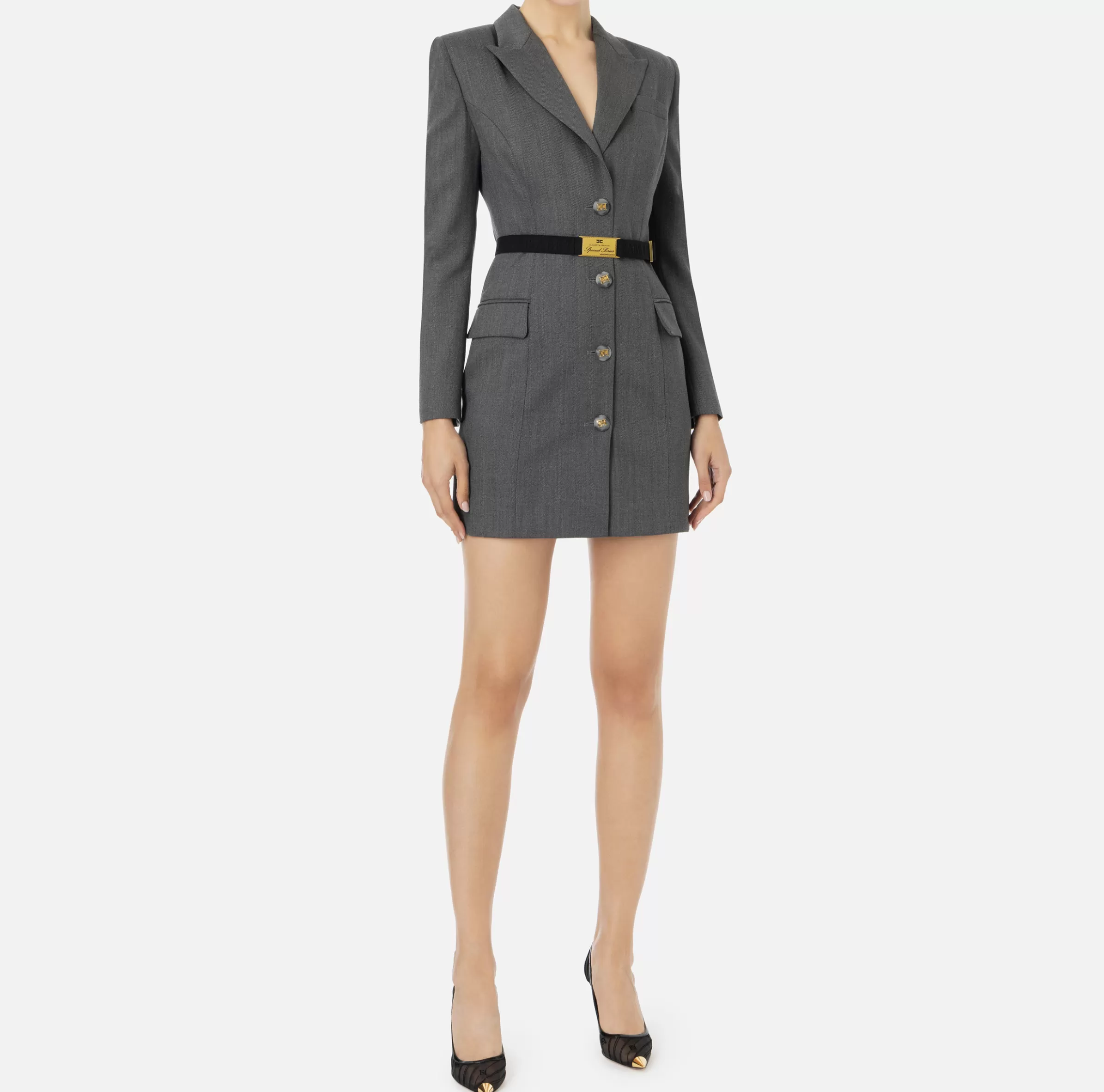 Elisabetta Franchi Mini Abiti | Robes Manteaux^Robe-manteau in fresco lana con cintura SteelMelange