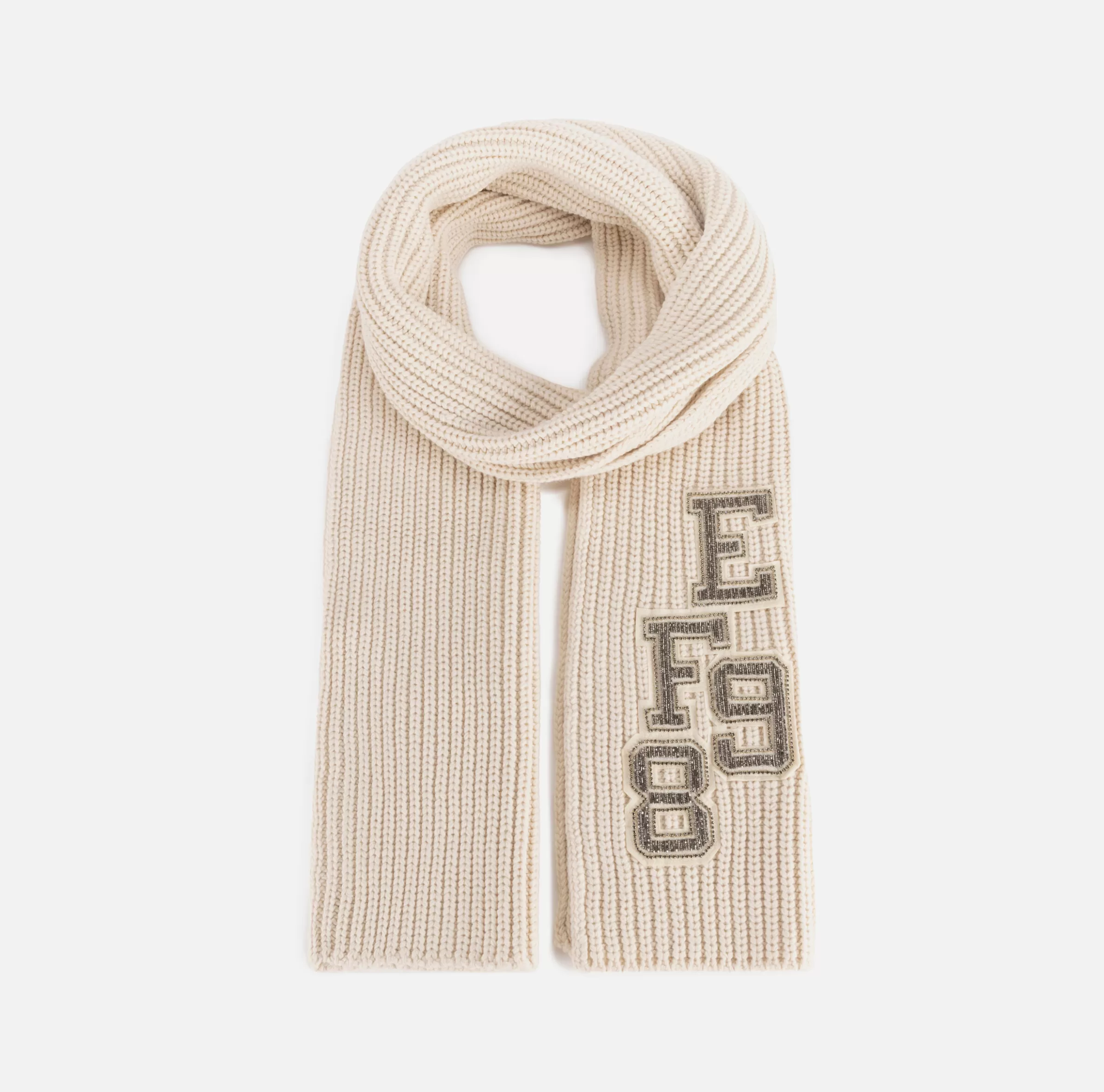 Elisabetta Franchi Sciarpe^Sciarpa in lana a coste con patch stile college Burro