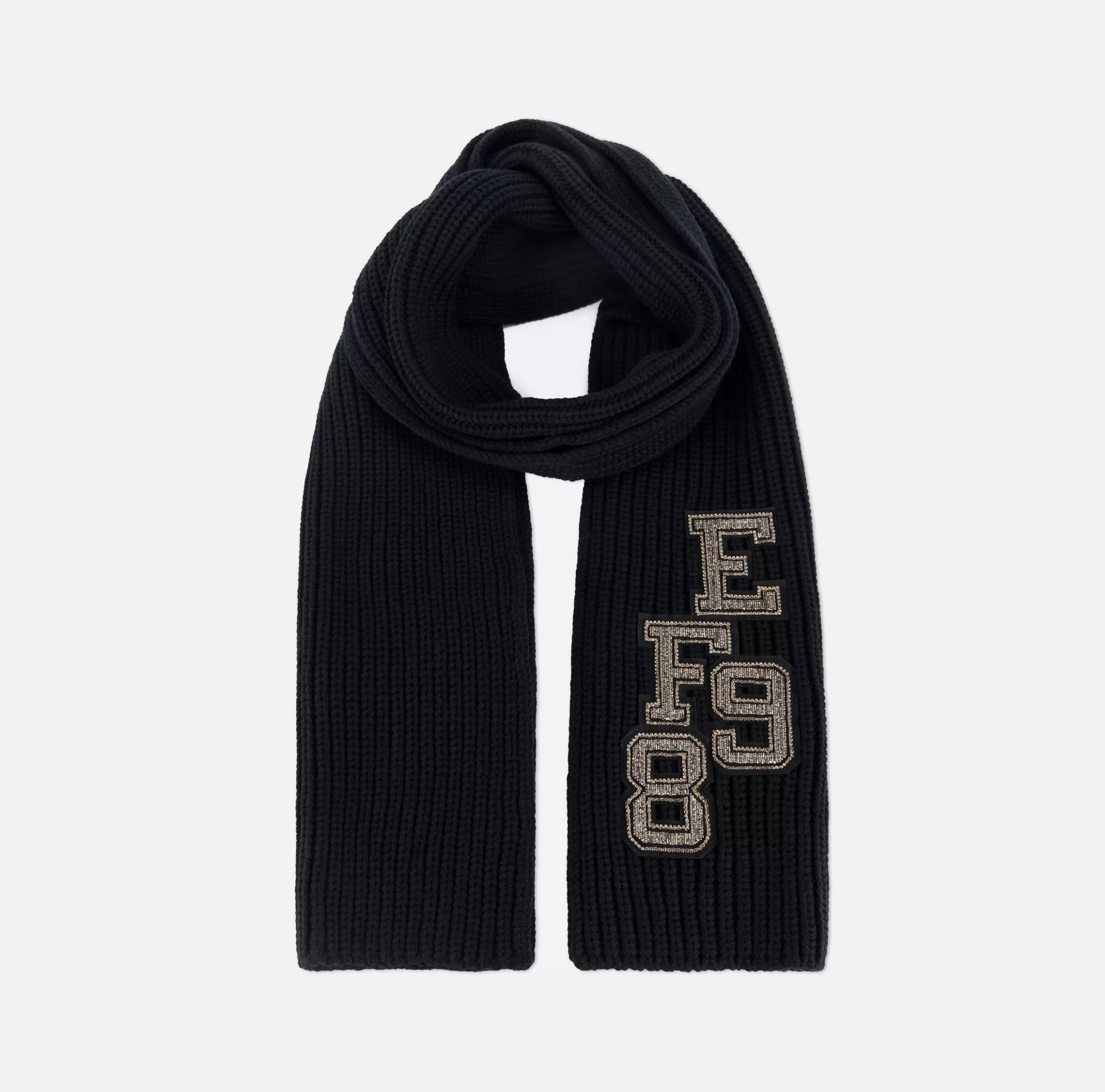 Elisabetta Franchi Sciarpe^Sciarpa in lana a coste con patch stile college Nero