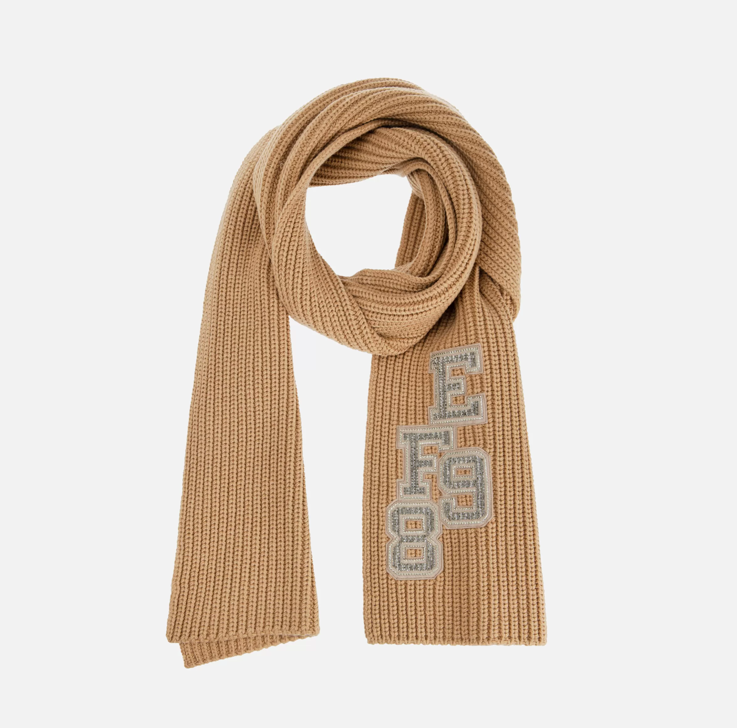 Elisabetta Franchi Sciarpe^Sciarpa in lana a coste con patch stile college Camel