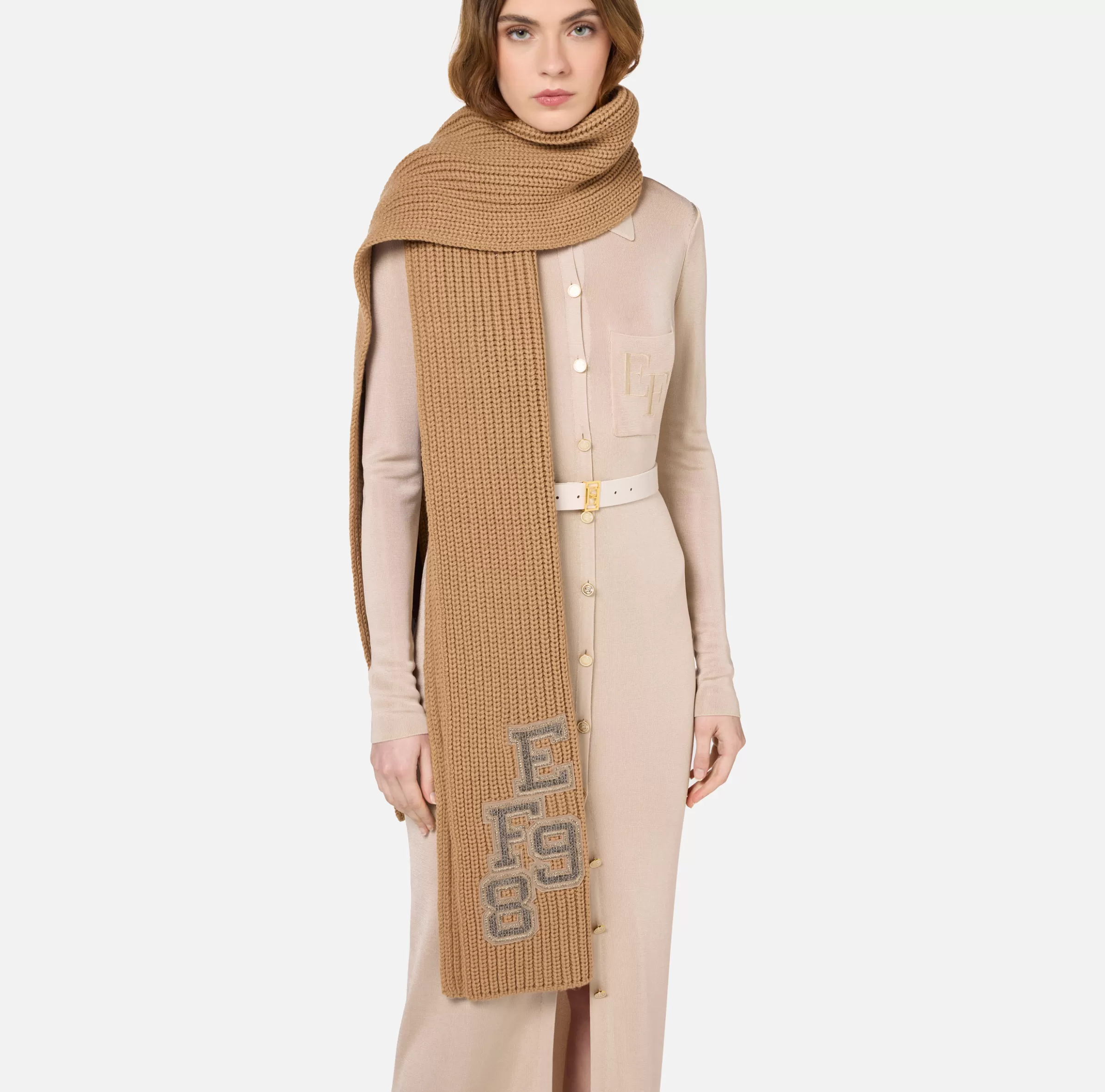 Elisabetta Franchi Sciarpe^Sciarpa in lana a coste con patch stile college Camel