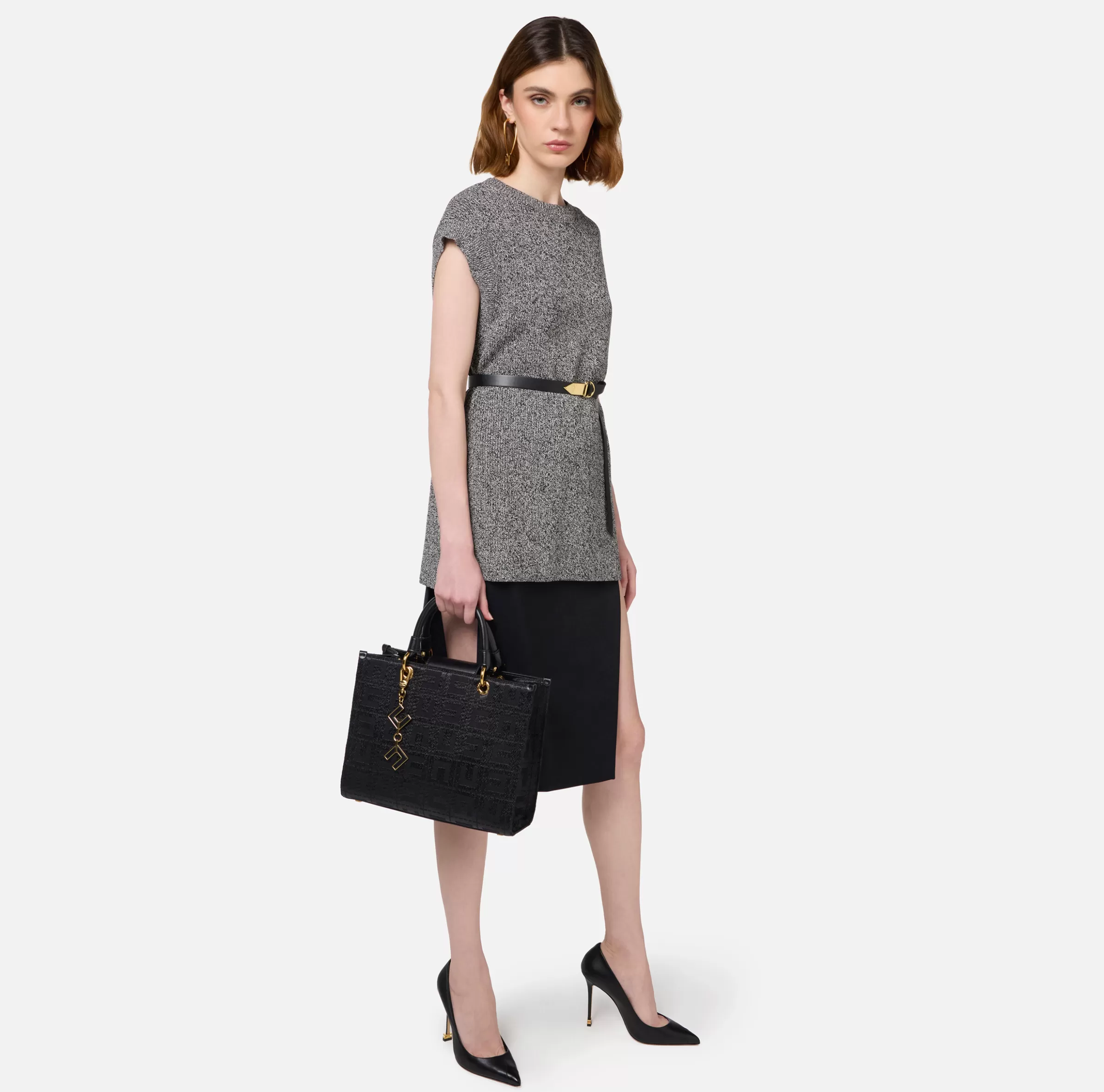 Elisabetta Franchi Borse A Mano^Shopper in tessuto jacquard con charms Nero