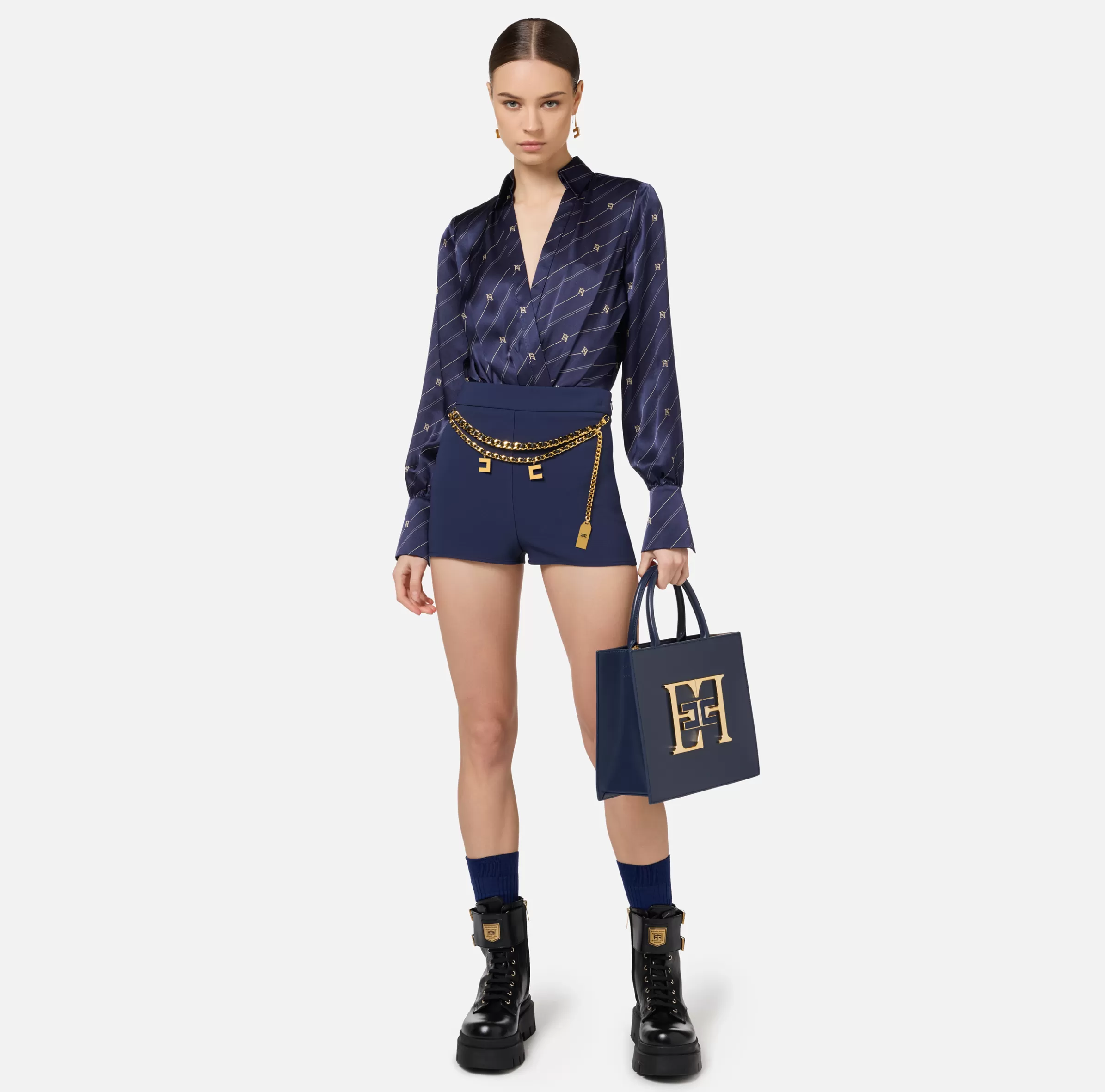 Elisabetta Franchi Pantaloni E Shorts^Short in crêpe stretch con cintura Navy