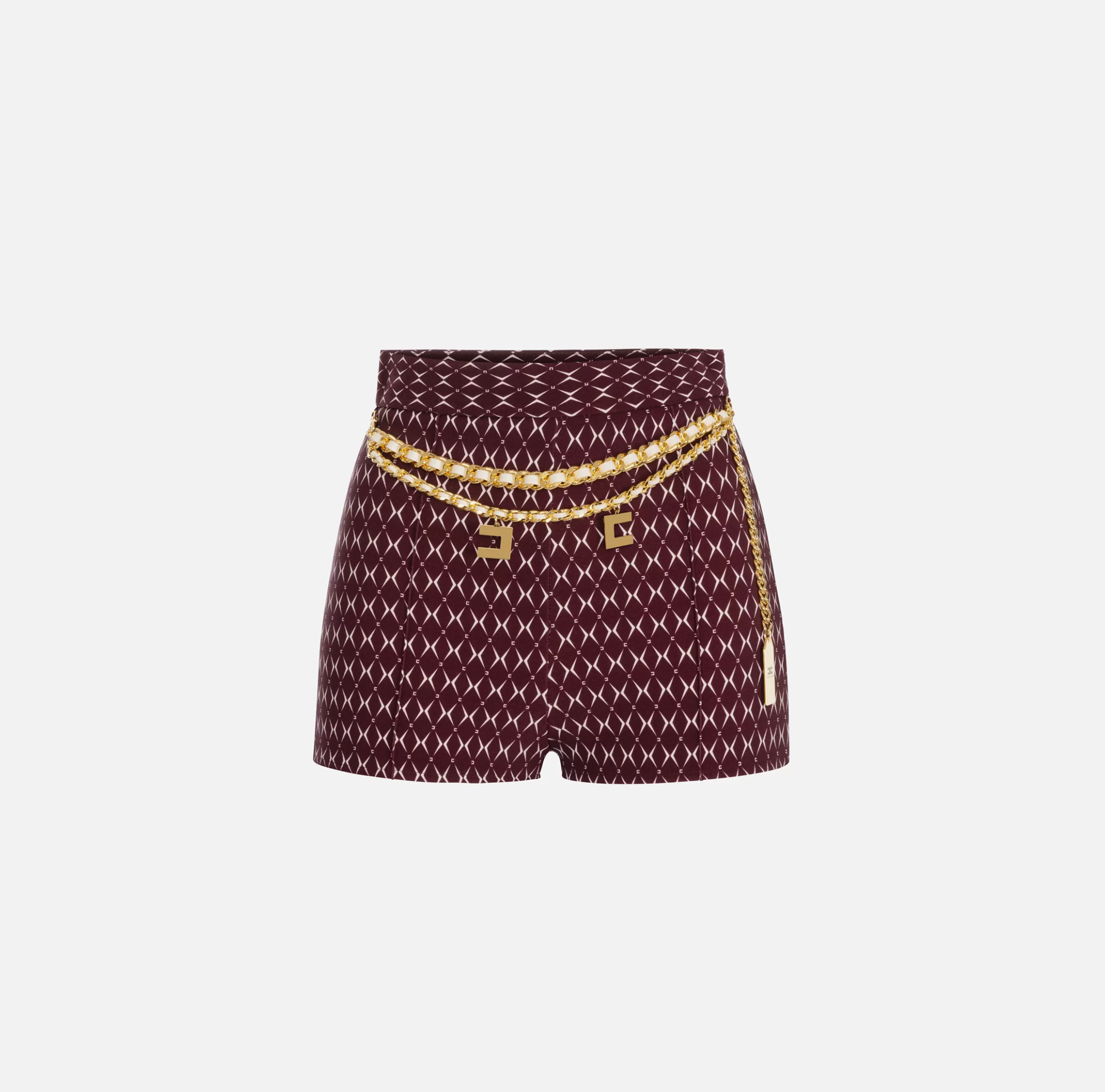 Elisabetta Franchi Pantaloni E Shorts^Short in crêpe stretch stampa rombo con catena RougeNoir/Burro