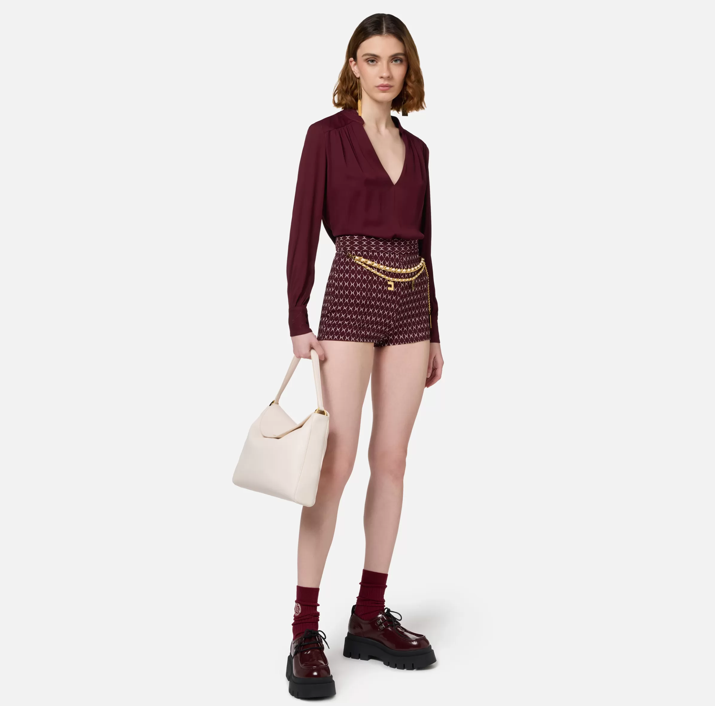 Elisabetta Franchi Pantaloni E Shorts^Short in crêpe stretch stampa rombo con catena RougeNoir/Burro