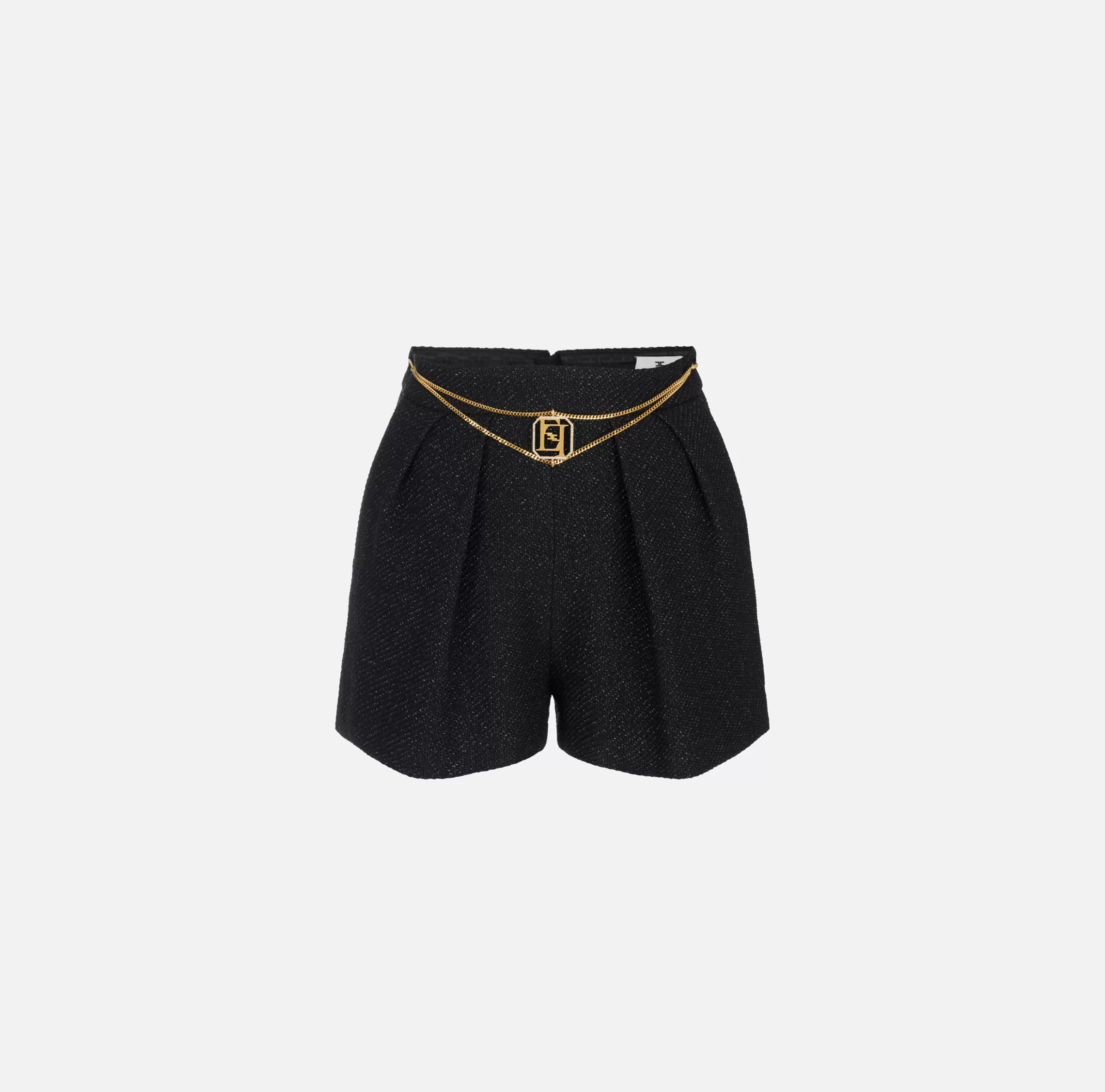 Elisabetta Franchi Pantaloni E Shorts^Short in tweed laminato con accessorio logo Nero