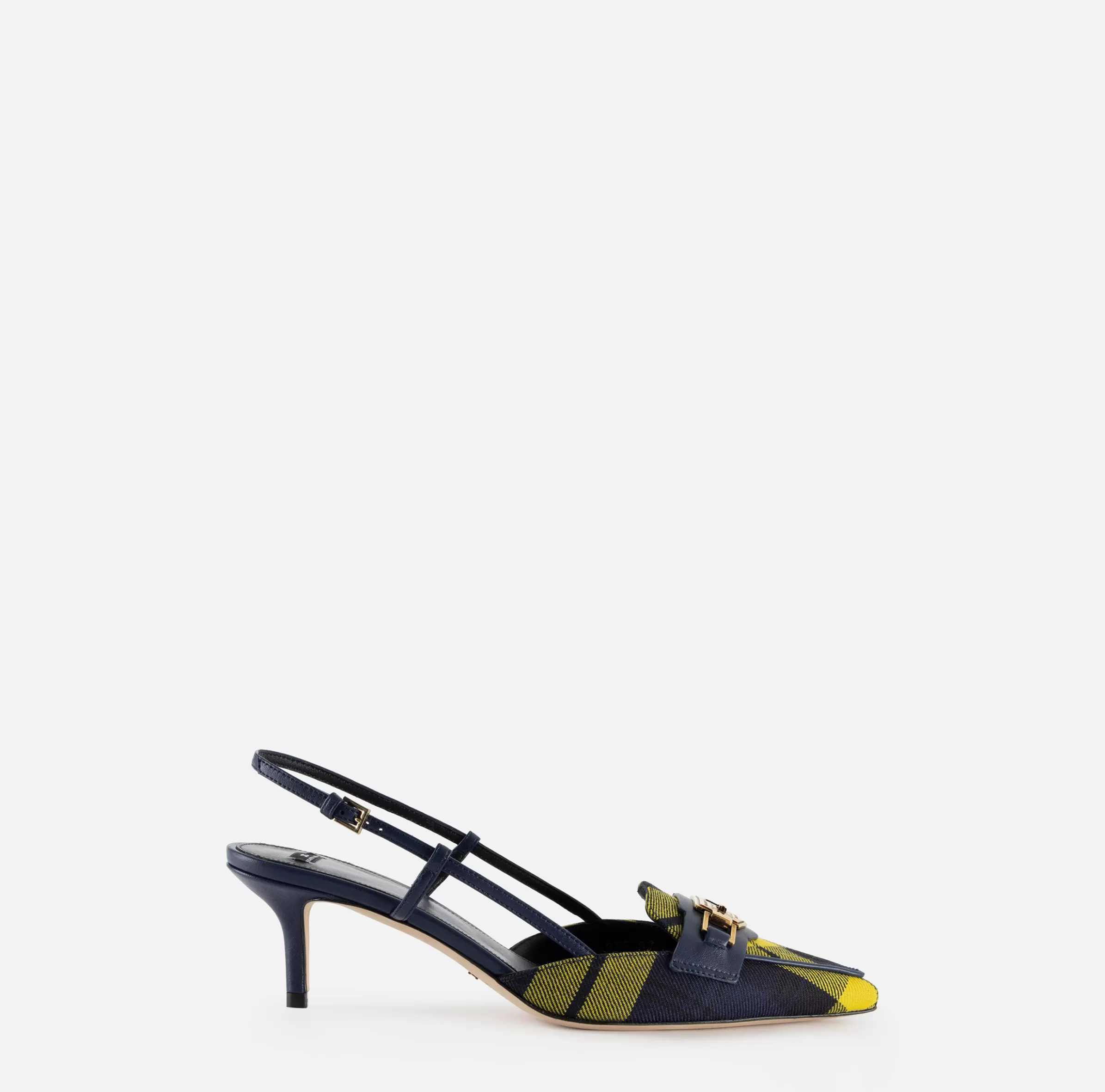 Elisabetta Franchi Décolleté^Slingback in pelle e tartan di lana Navy/Mimosa