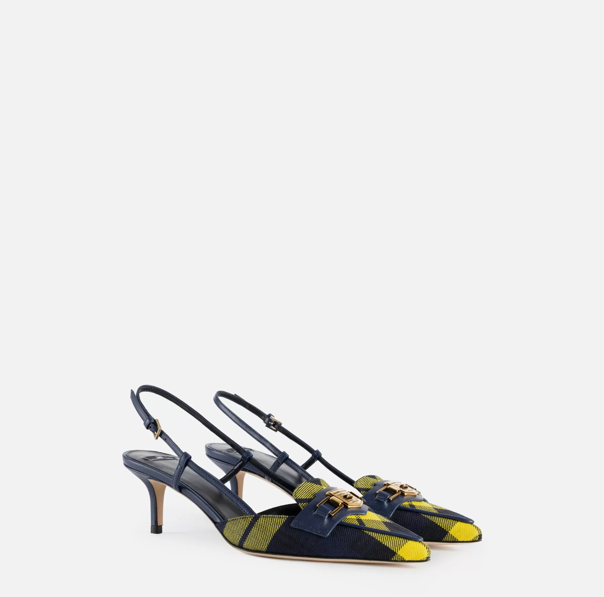 Elisabetta Franchi Décolleté^Slingback in pelle e tartan di lana Navy/Mimosa