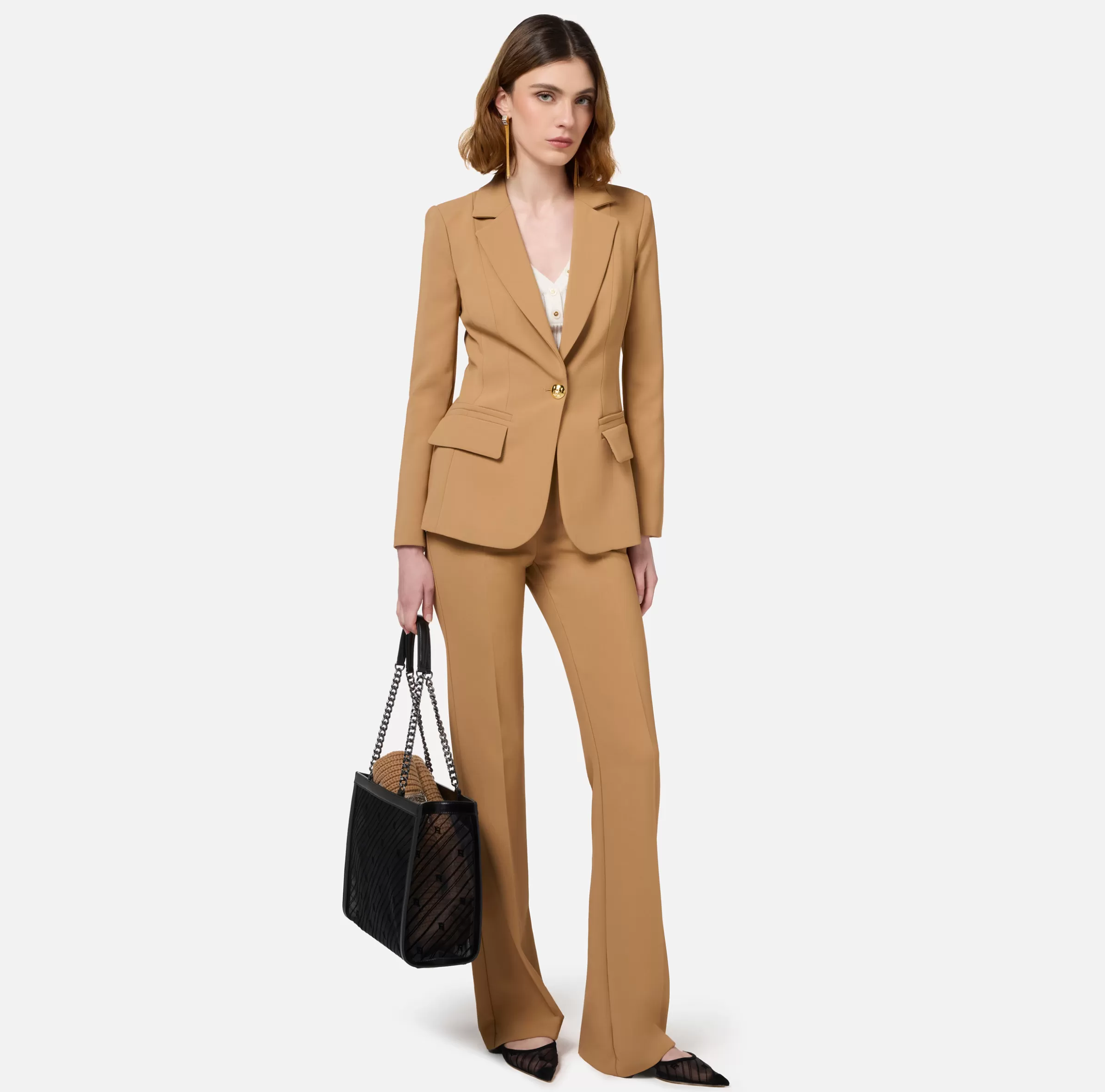 Elisabetta Franchi Tailleur^Tailleur in crêpe stretch con giacca sfiancata e pantalone dritto Bronze