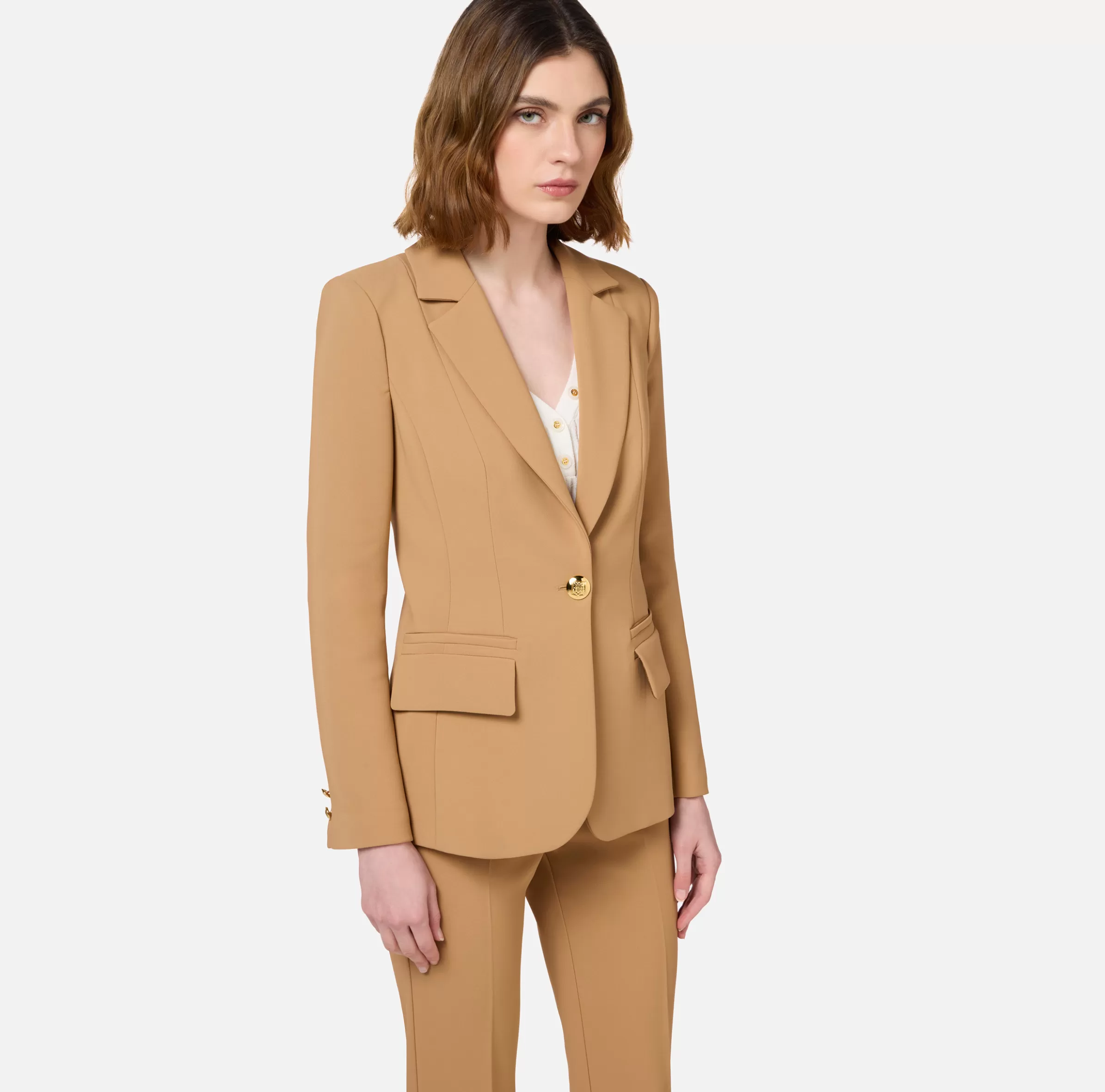 Elisabetta Franchi Tailleur^Tailleur in crêpe stretch con giacca sfiancata e pantalone dritto Bronze