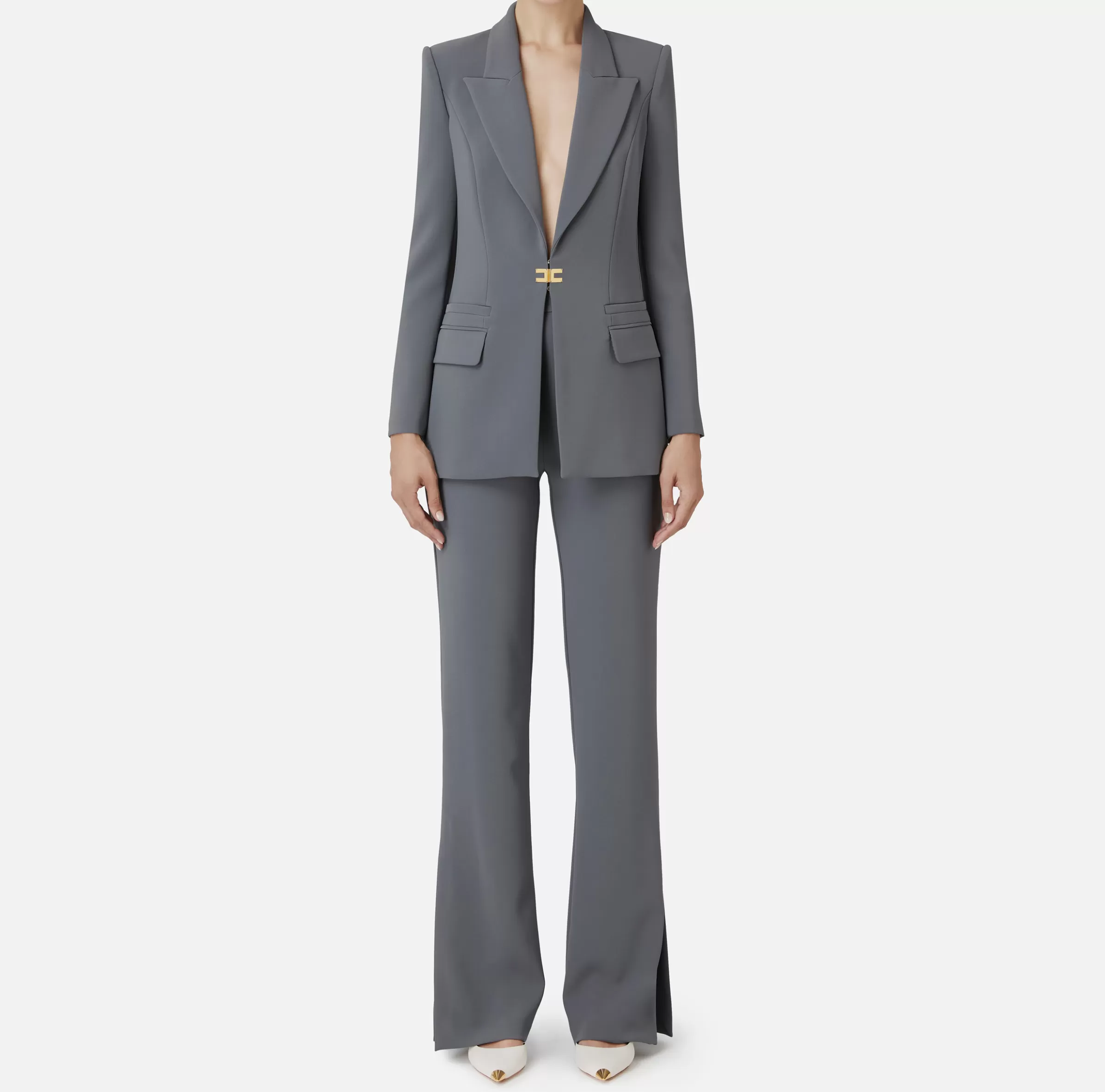 Elisabetta Franchi Tailleur^Tailleur in doppio crêpe stretch con giacca dritta e pantalone a palazzo Steel