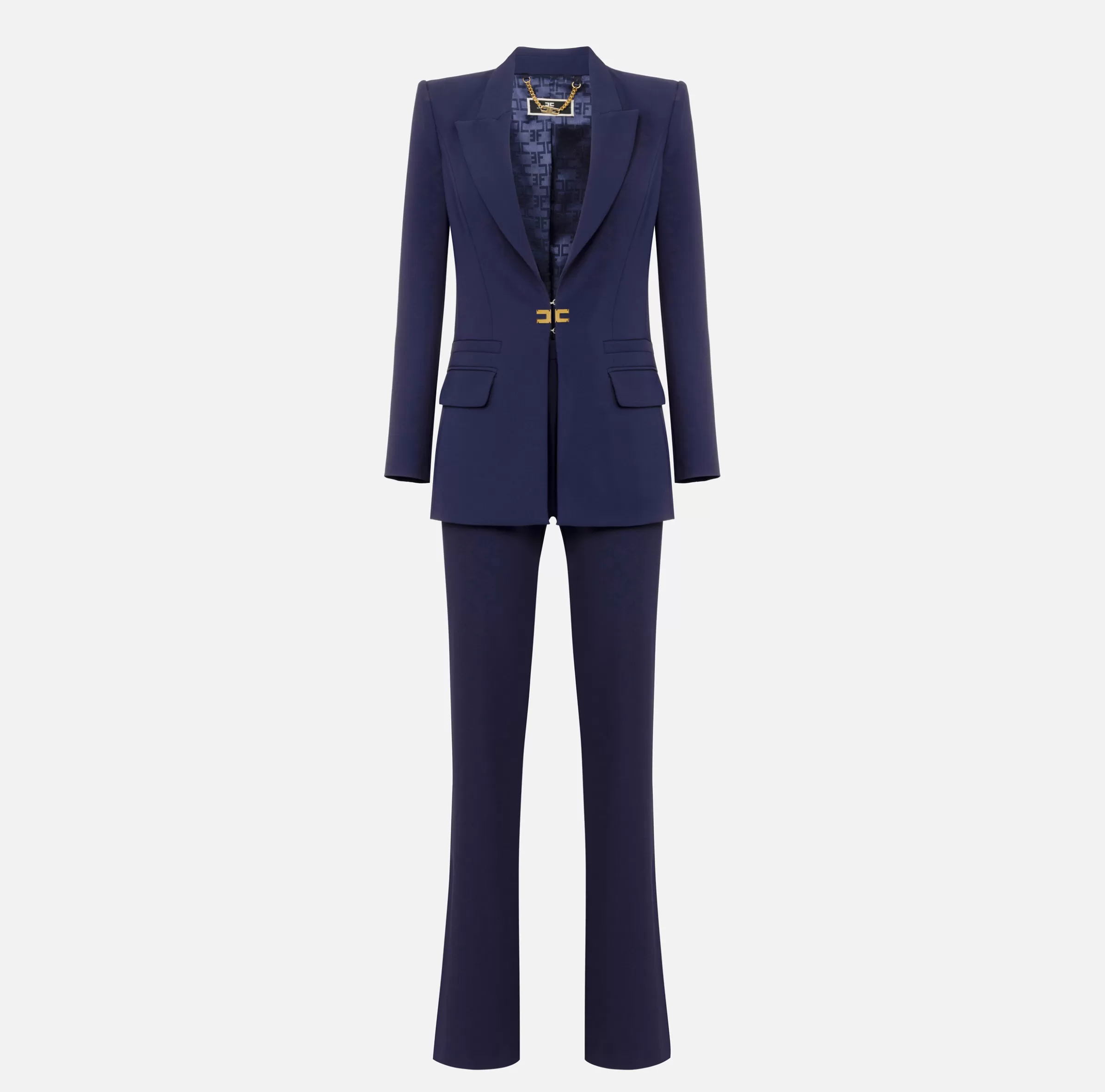 Elisabetta Franchi Tailleur^Tailleur in doppio crêpe stretch con giacca dritta e pantalone a palazzo Navy