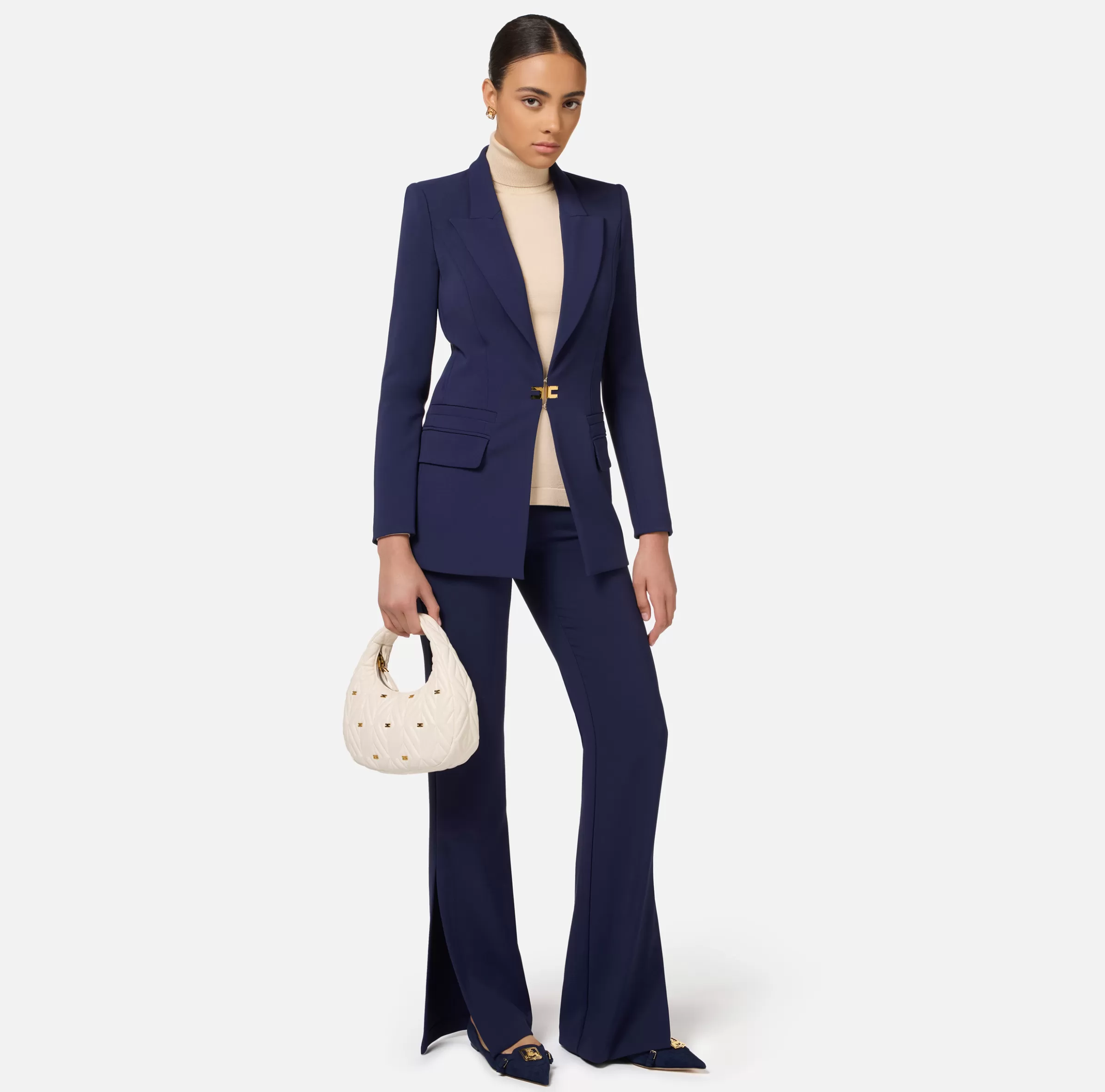 Elisabetta Franchi Tailleur^Tailleur in doppio crêpe stretch con giacca dritta e pantalone a palazzo Navy