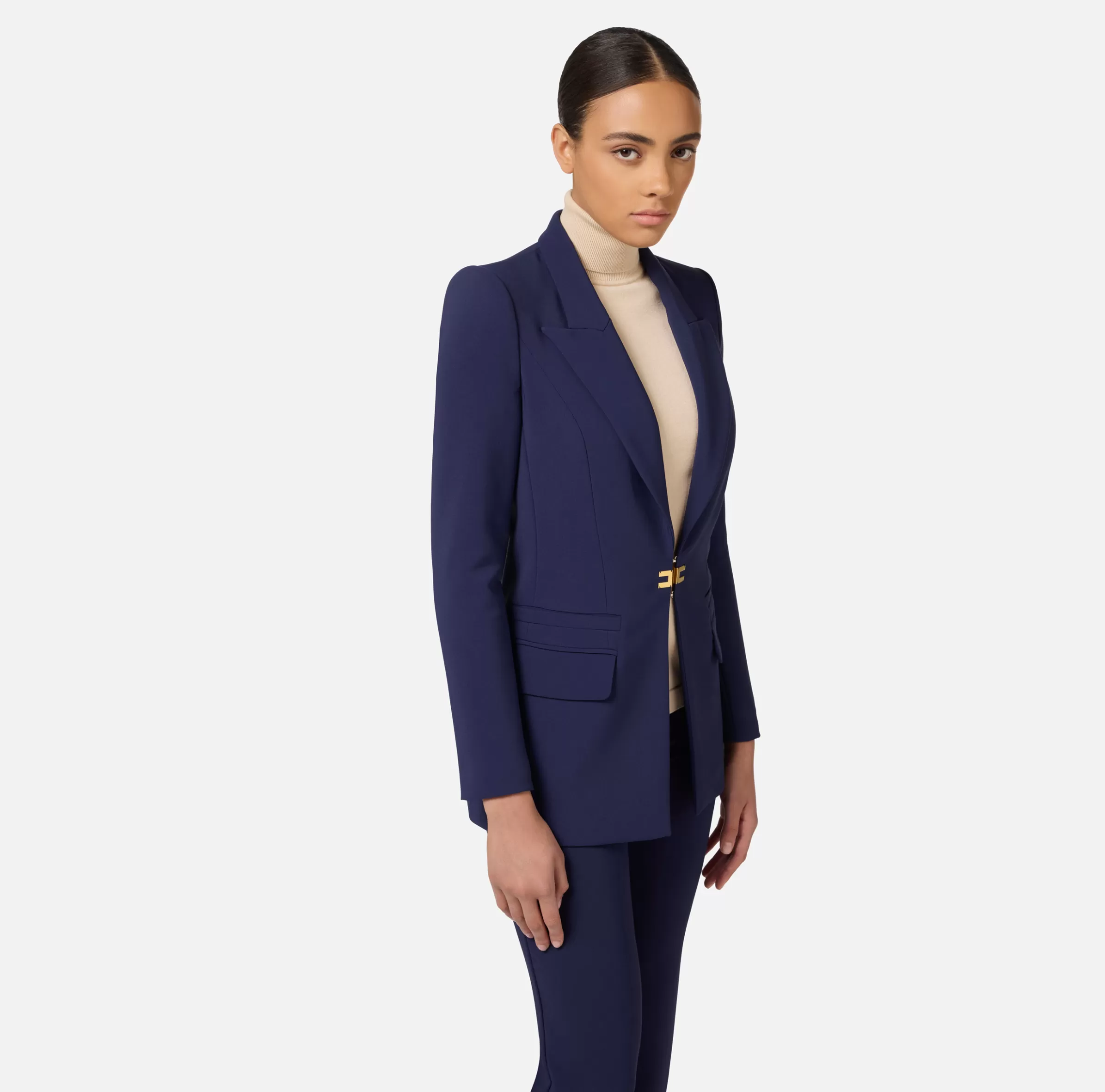 Elisabetta Franchi Tailleur^Tailleur in doppio crêpe stretch con giacca dritta e pantalone a palazzo Navy