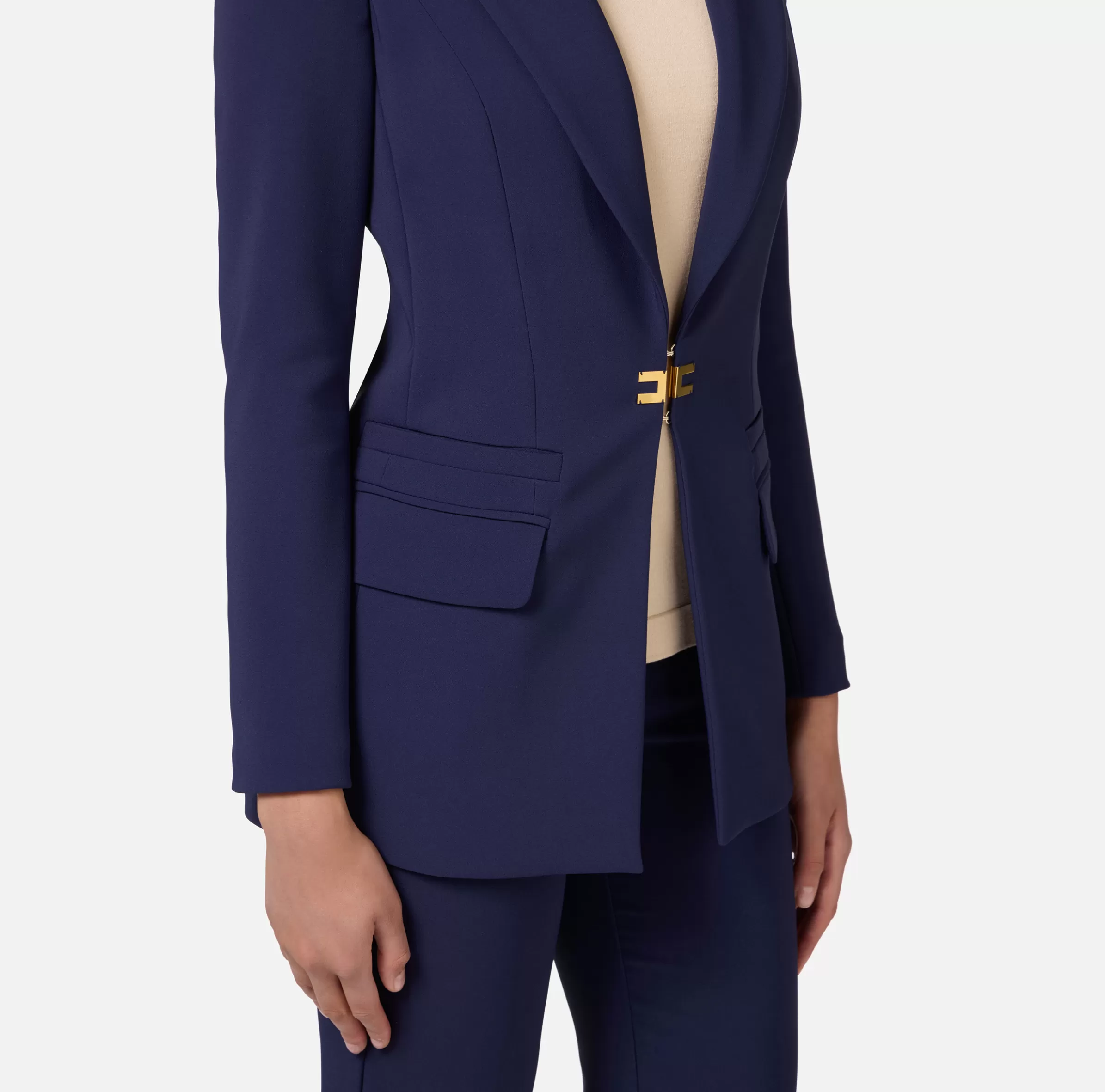Elisabetta Franchi Tailleur^Tailleur in doppio crêpe stretch con giacca dritta e pantalone a palazzo Navy