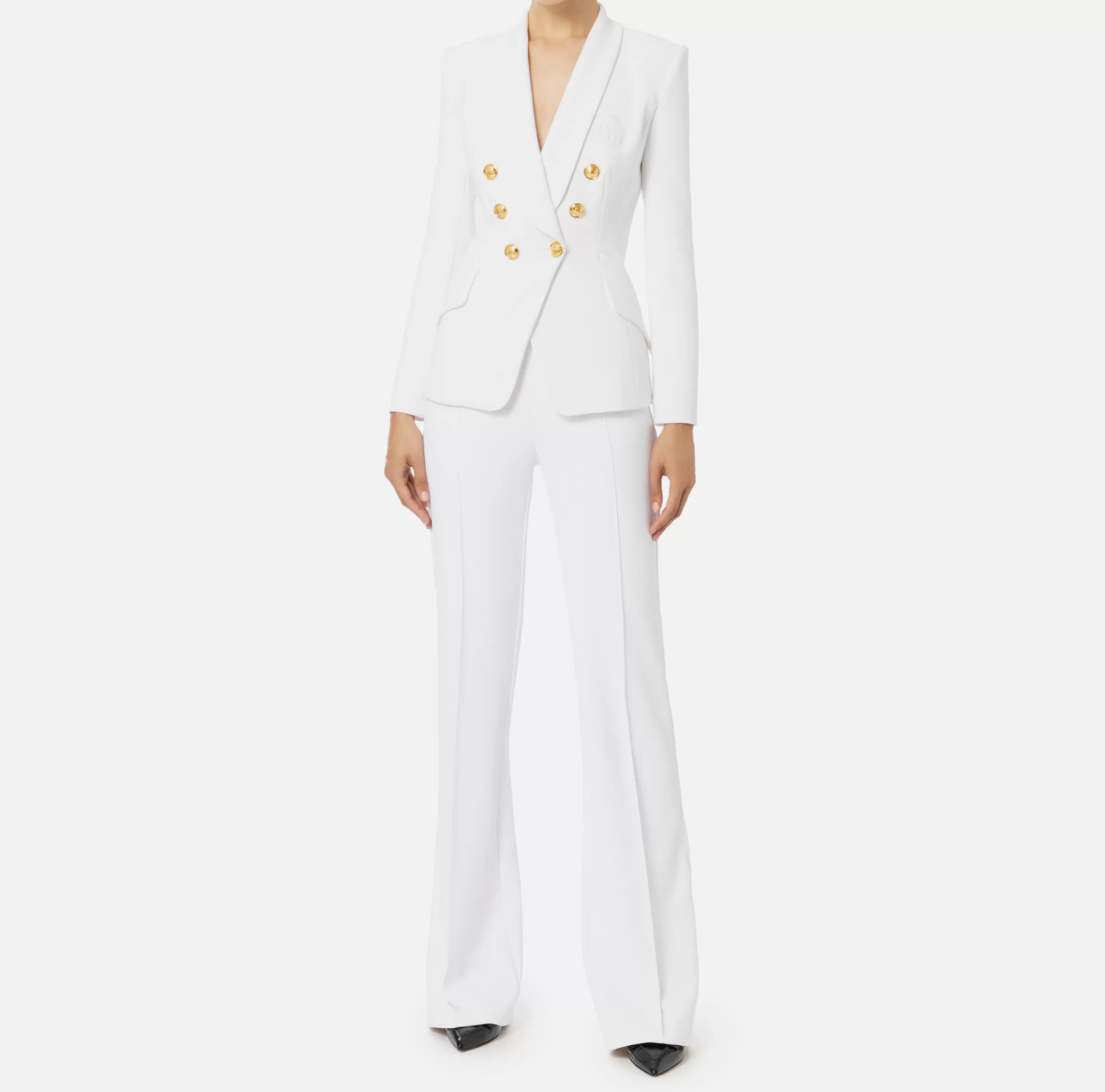 Elisabetta Franchi Tailleur^Tailleur in doppio crêpe stretch con giacca sciallata e pantalone a palazzo Avorio