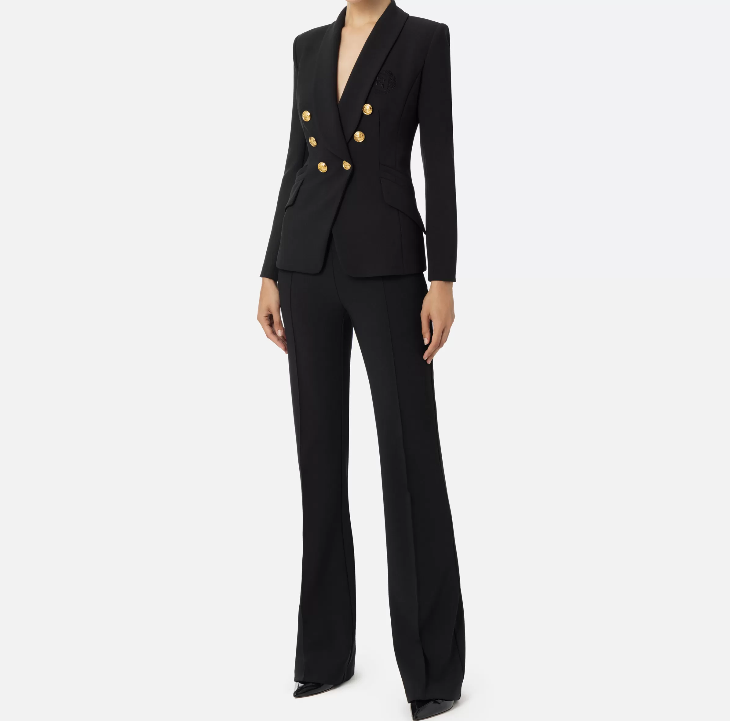 Elisabetta Franchi Tailleur^Tailleur in doppio crêpe stretch con giacca sciallata e pantalone a palazzo Nero