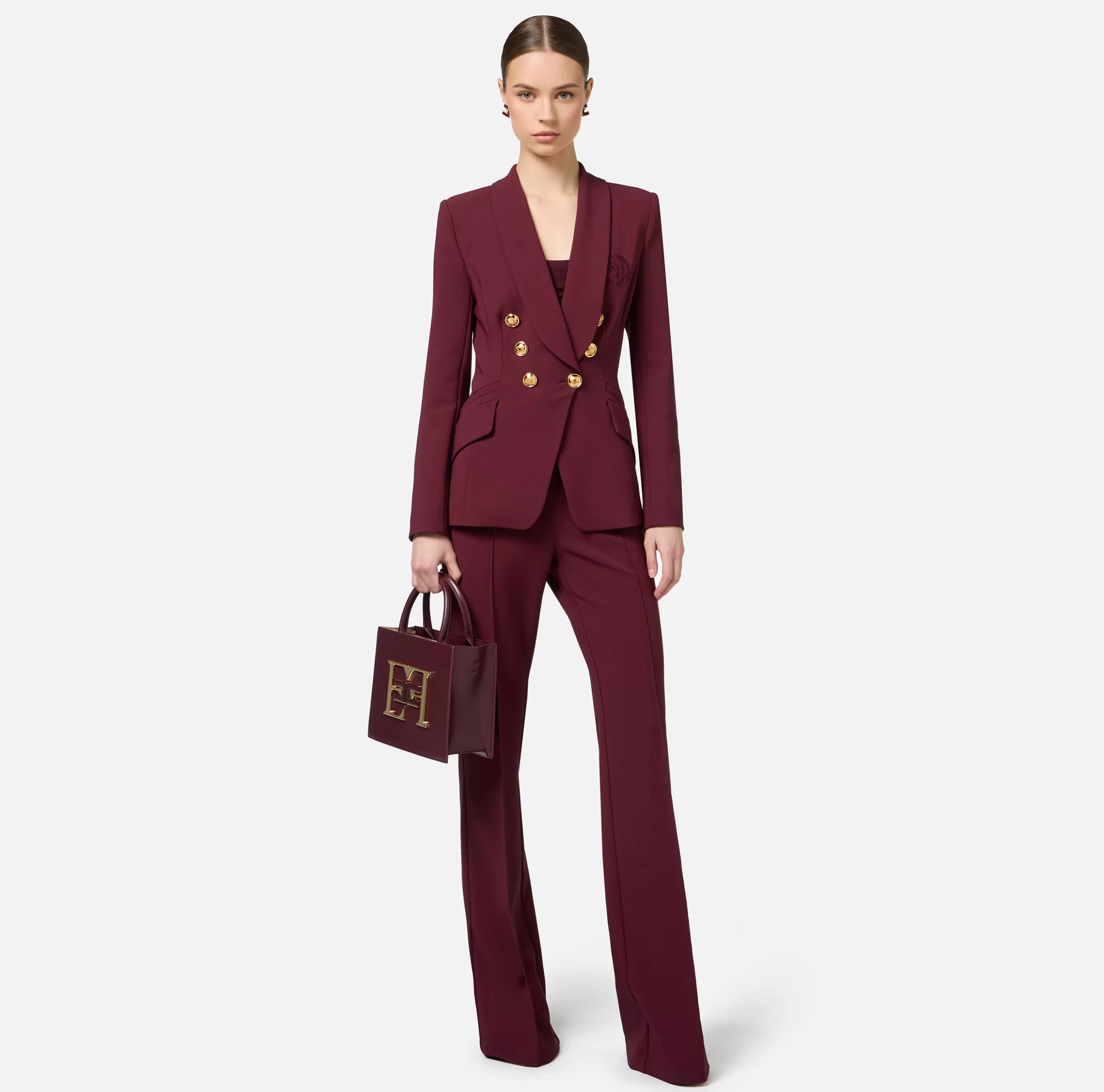Elisabetta Franchi Tailleur^Tailleur in doppio crêpe stretch con giacca sciallata e pantalone a palazzo RougeNoir