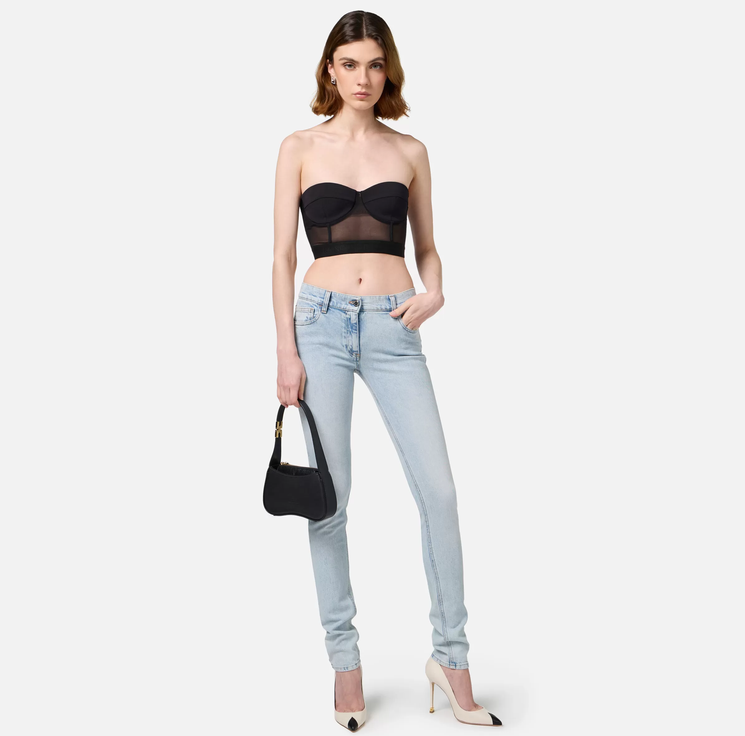 Elisabetta Franchi Top, T-Shirt & Body^Top a balconcino in crêpe e tulle con elastico Nero