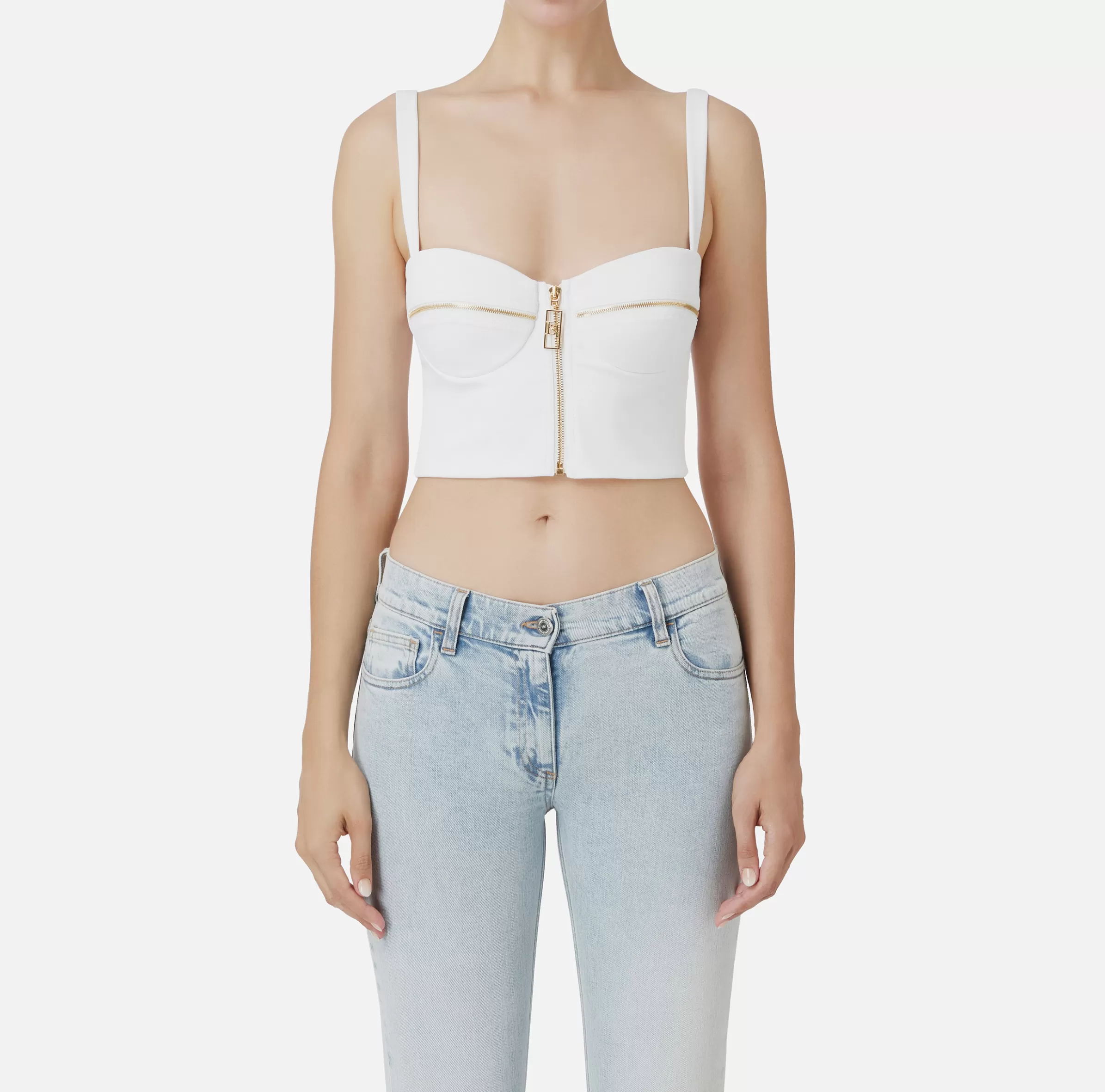 Elisabetta Franchi Top, T-Shirt & Body^Top balconcino in doppio crêpe con motivo di zip Avorio