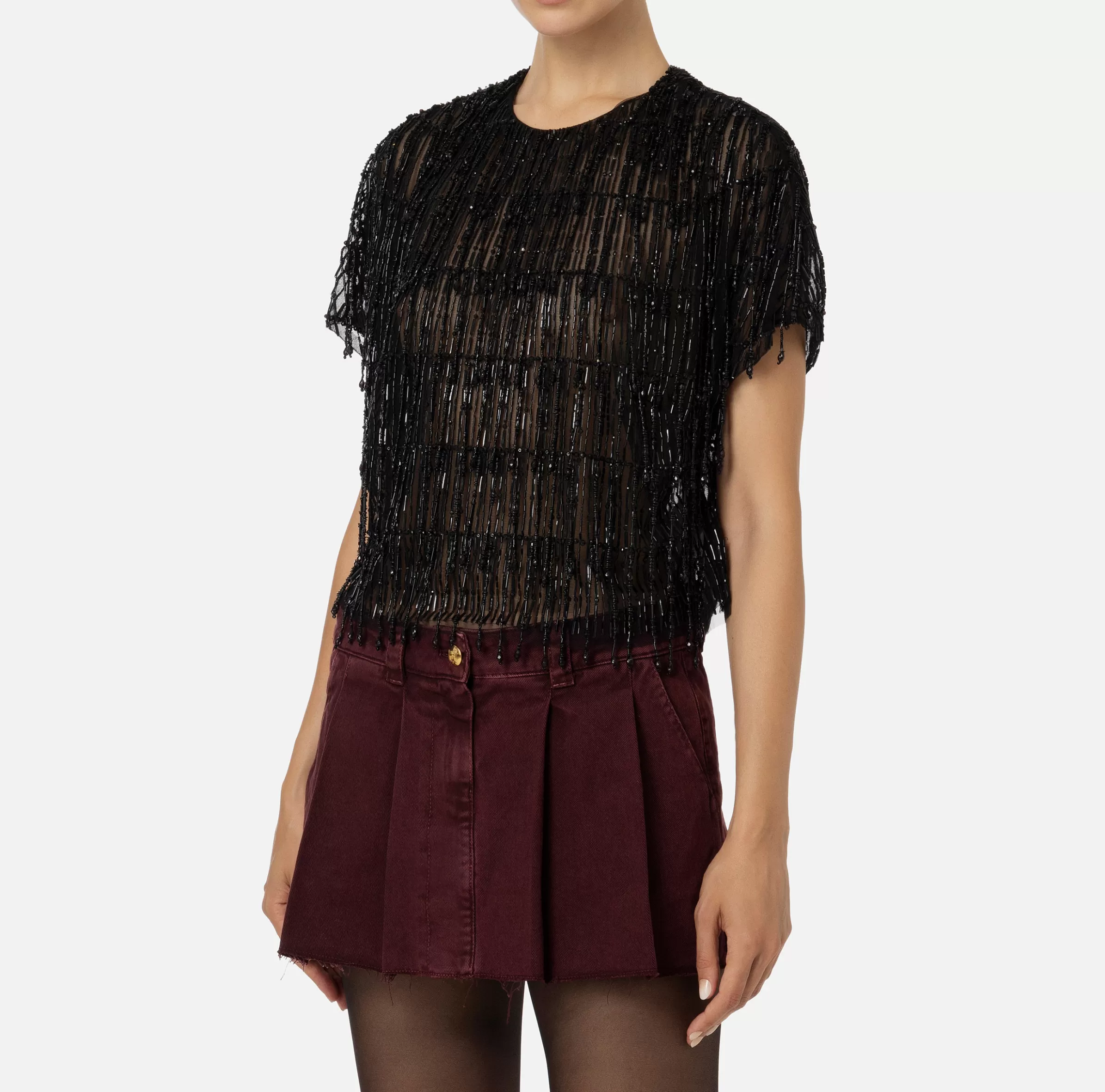 Elisabetta Franchi Top, T-Shirt & Body^Top boxy in tulle ricamato con paillettes Nero