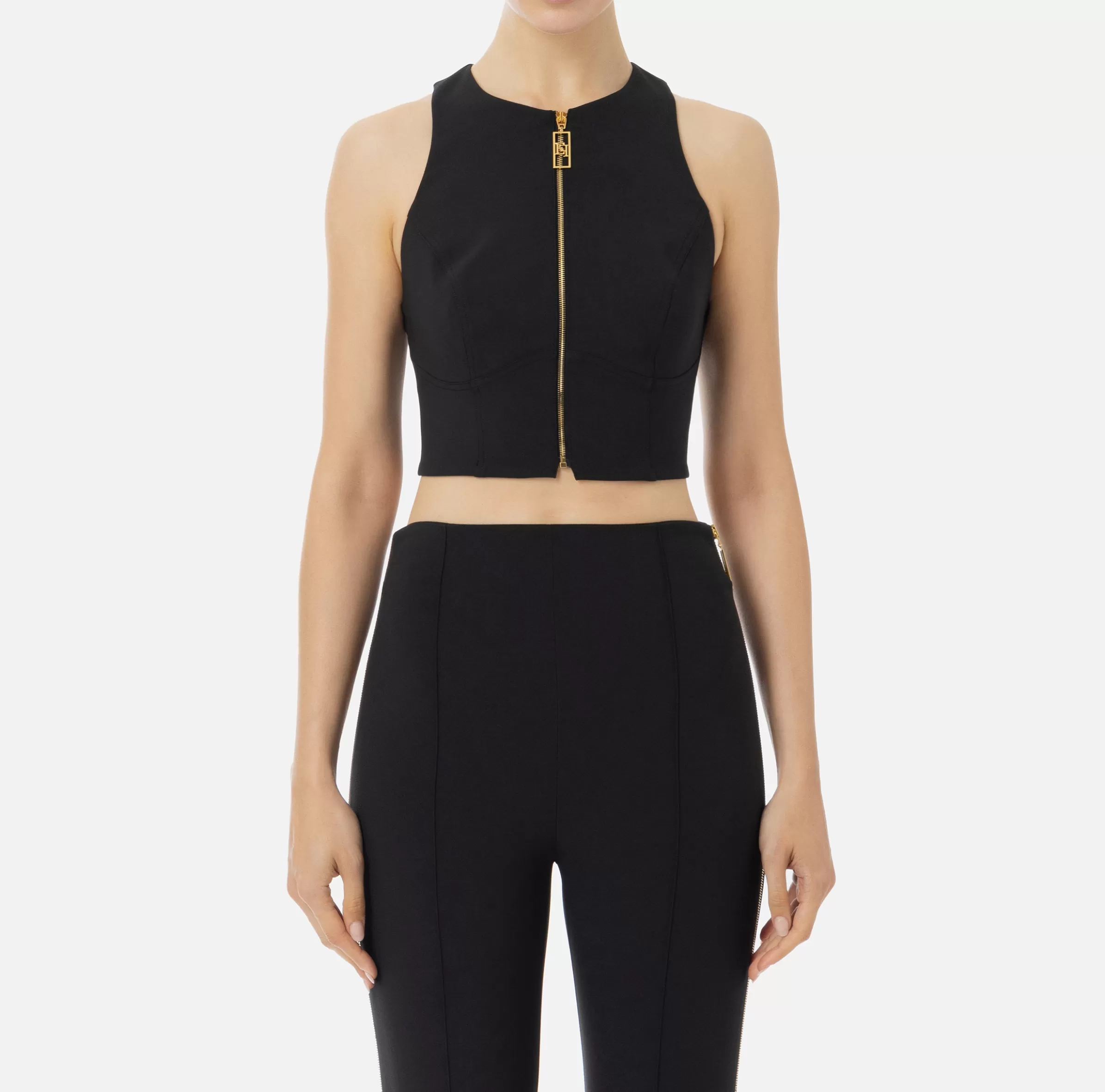 Elisabetta Franchi Top, T-Shirt & Body^Top cropped in doppio crêpe con zip Nero