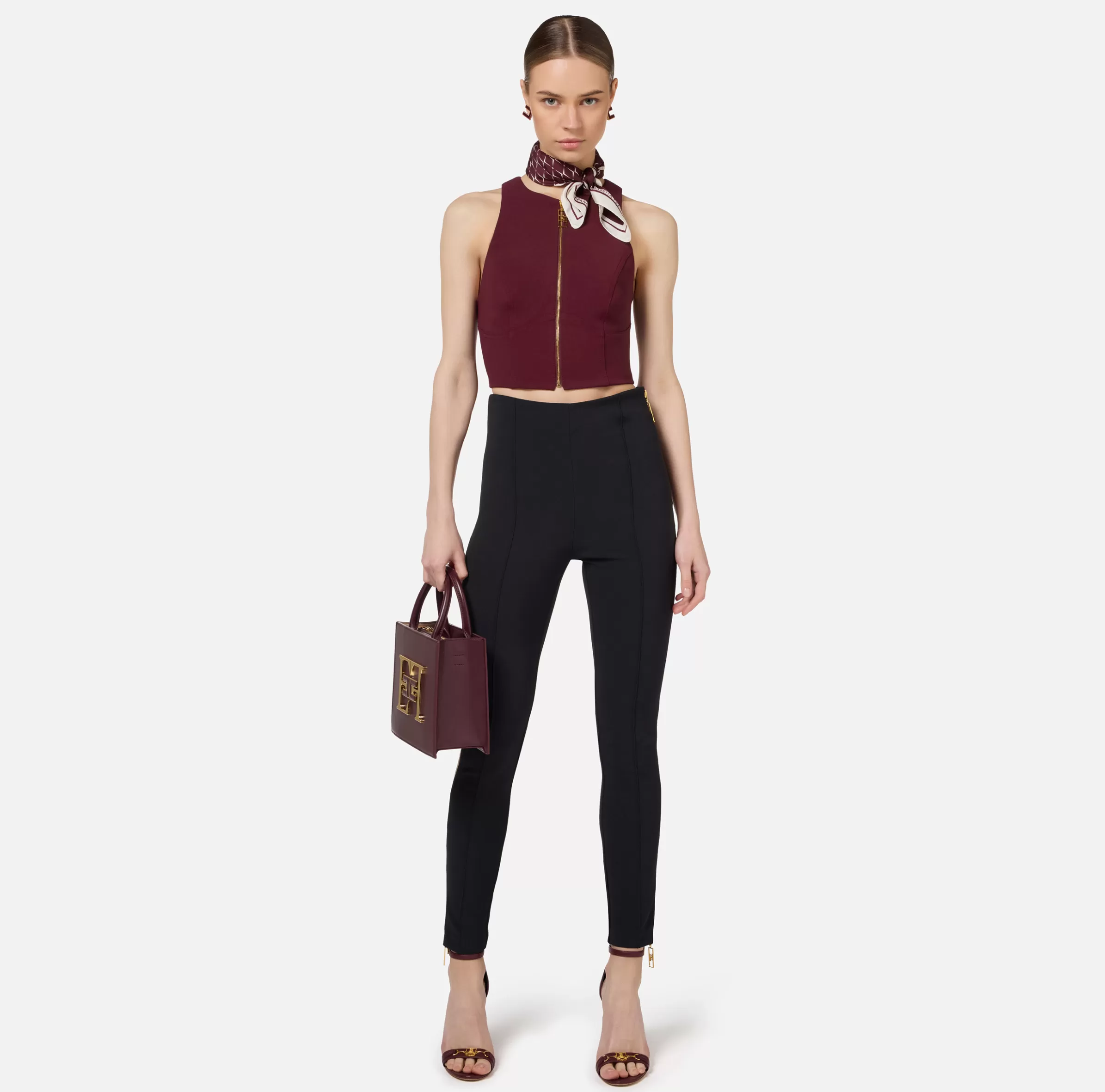 Elisabetta Franchi Top, T-Shirt & Body^Top cropped in doppio crêpe con zip RougeNoir