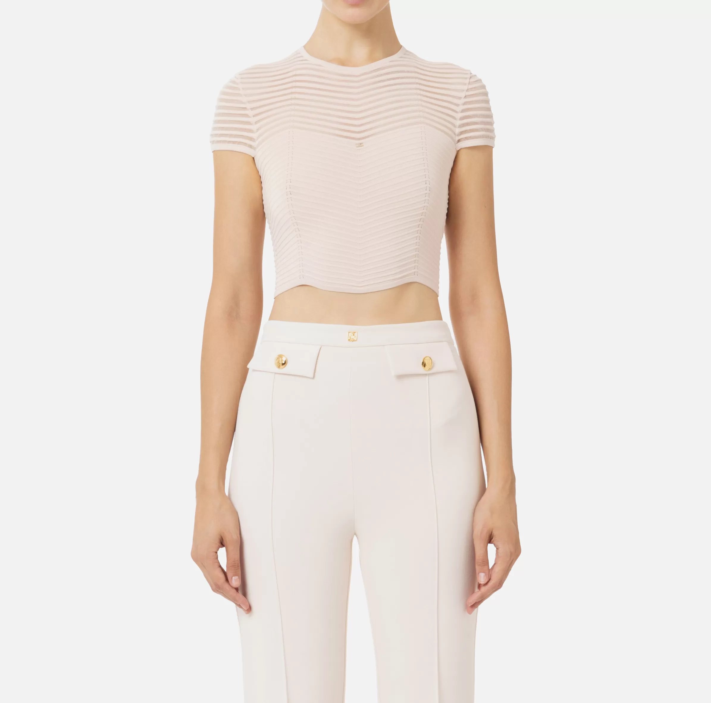 Elisabetta Franchi Top, T-Shirt & Body^Top cropped in viscosa motivo chevron RosaCipria