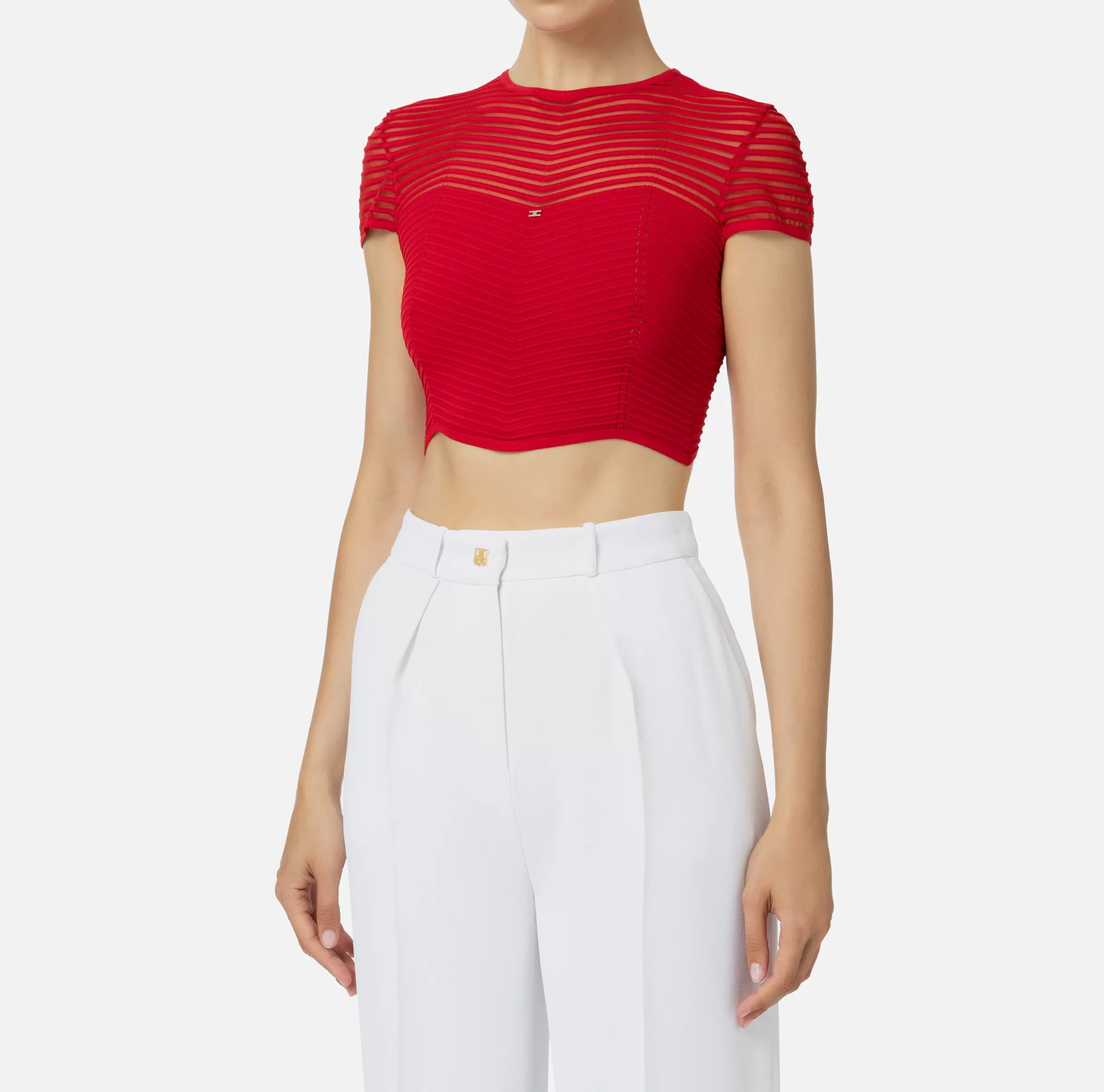 Elisabetta Franchi Top, T-Shirt & Body^Top cropped in viscosa motivo chevron RedPassion