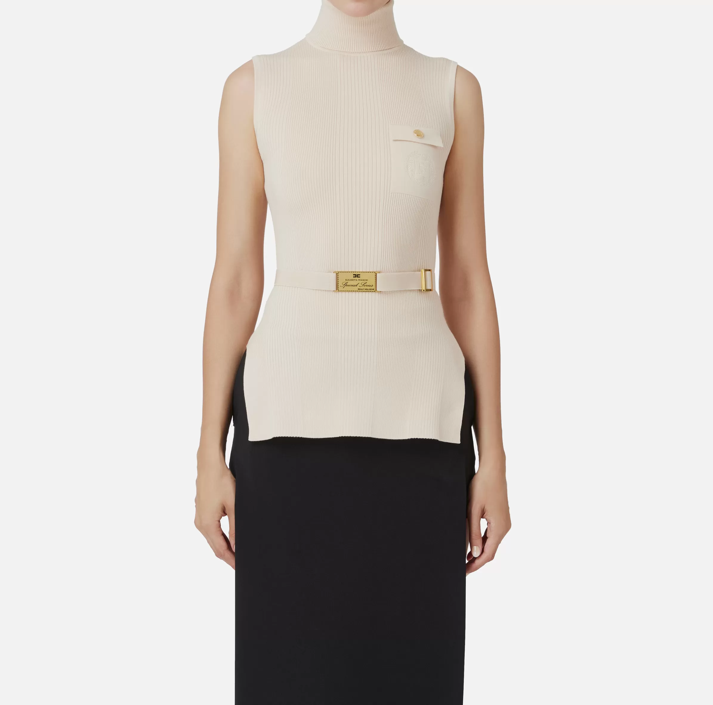 Elisabetta Franchi Maglieria E Felpe^Top dolcevita in lyocell e seta a costine con ricamo logo Lattice