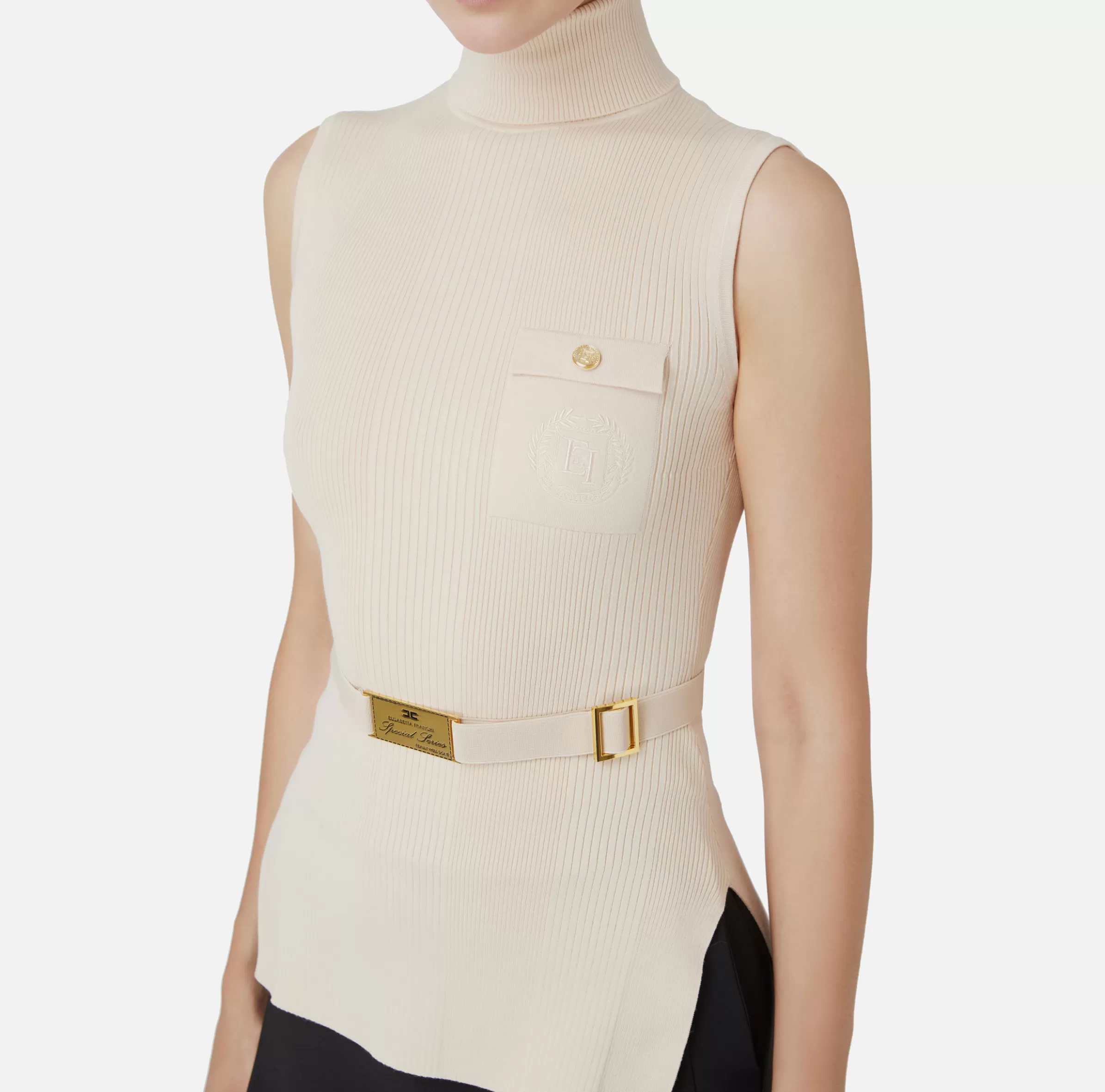 Elisabetta Franchi Maglieria E Felpe^Top dolcevita in lyocell e seta a costine con ricamo logo Lattice