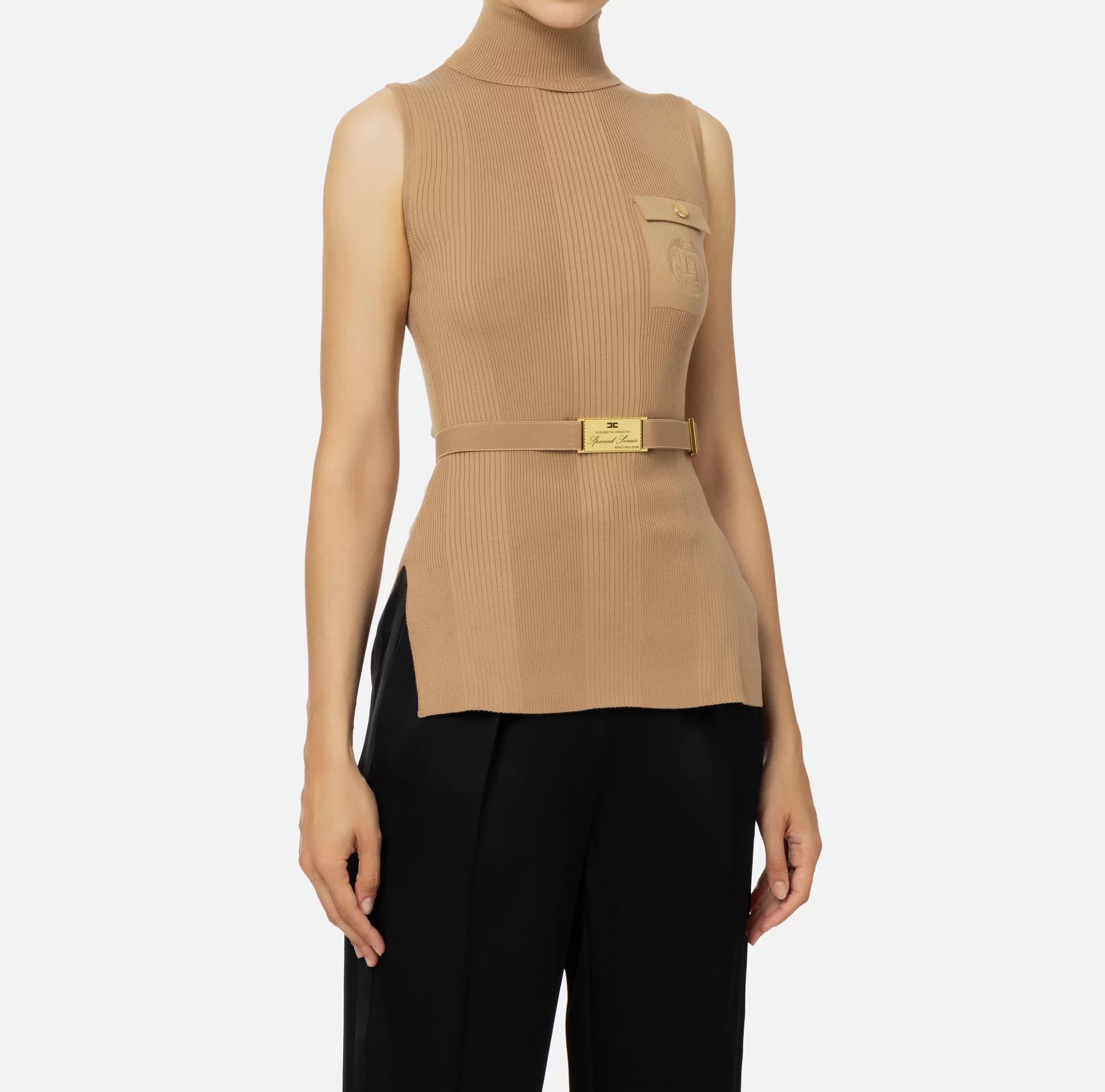 Elisabetta Franchi Maglieria E Felpe^Top dolcevita in lyocell e seta a costine con ricamo logo Camel