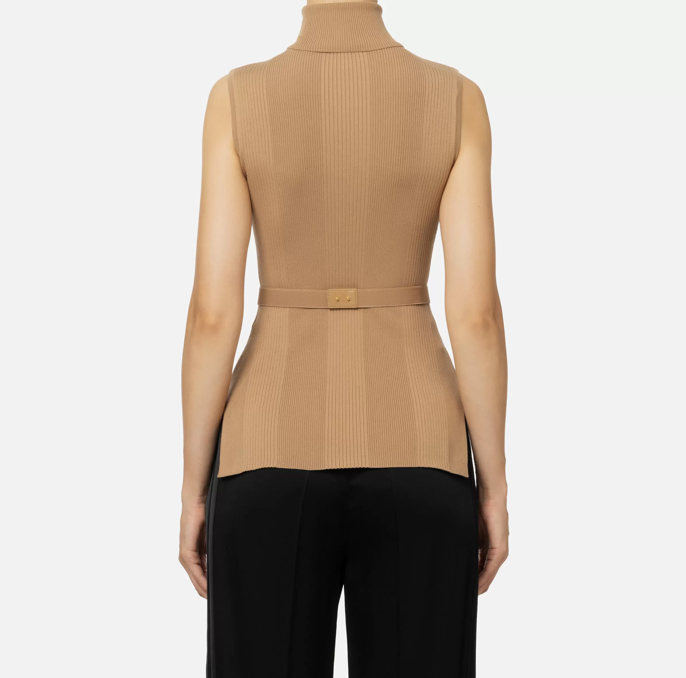 Elisabetta Franchi Maglieria E Felpe^Top dolcevita in lyocell e seta a costine con ricamo logo Camel