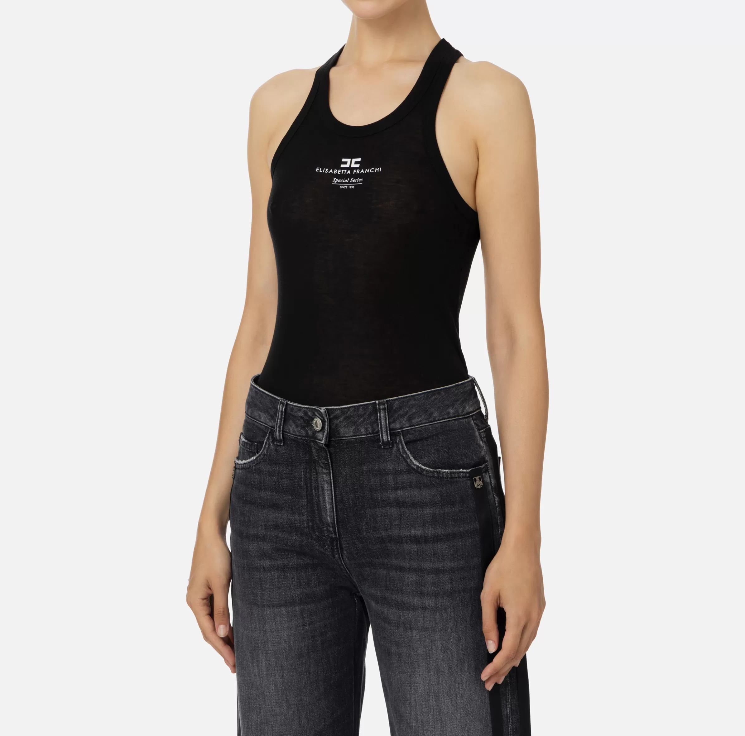 Elisabetta Franchi Top, T-Shirt & Body^Top in jersey e lana con logo Nero