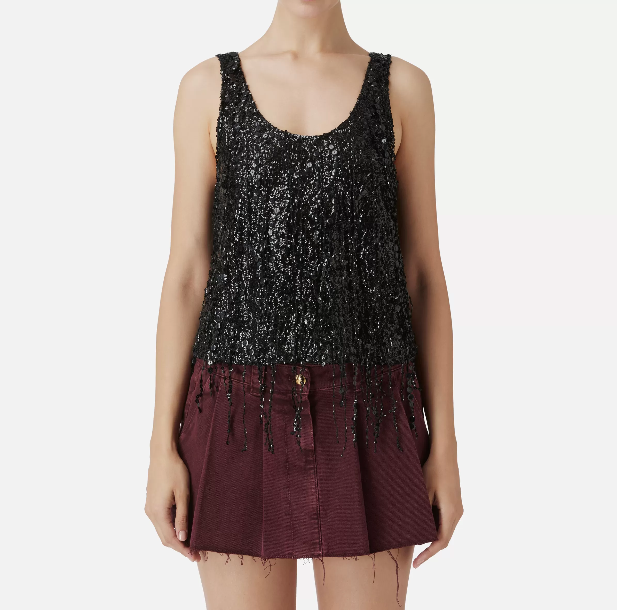 Elisabetta Franchi Top, T-Shirt & Body^Top in tulle ricamato con frange di paillettes Nero