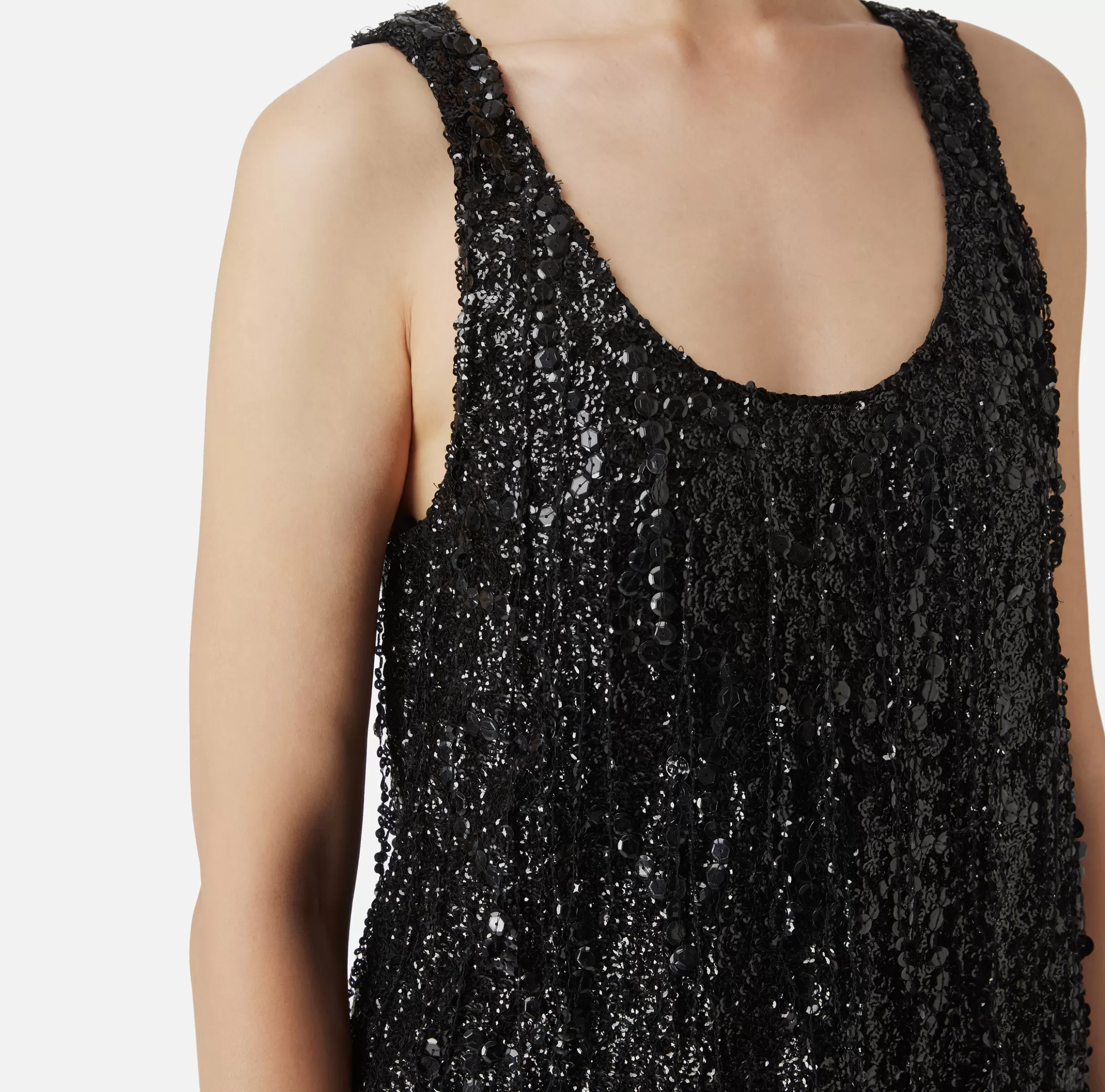 Elisabetta Franchi Top, T-Shirt & Body^Top in tulle ricamato con frange di paillettes Nero