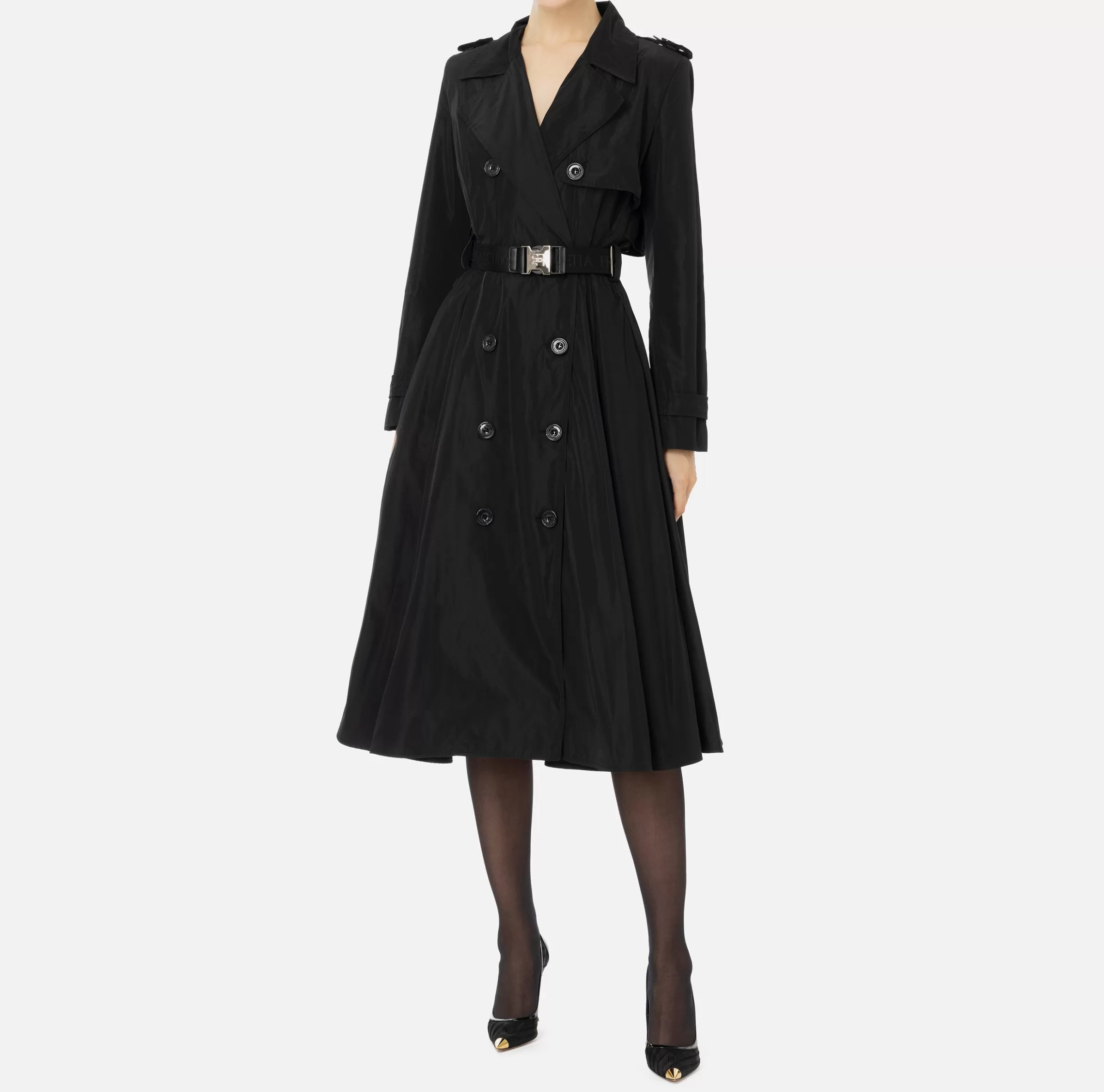 Elisabetta Franchi Giacche & Trench^Trench in nylon con gonna a ruota e cintura Nero