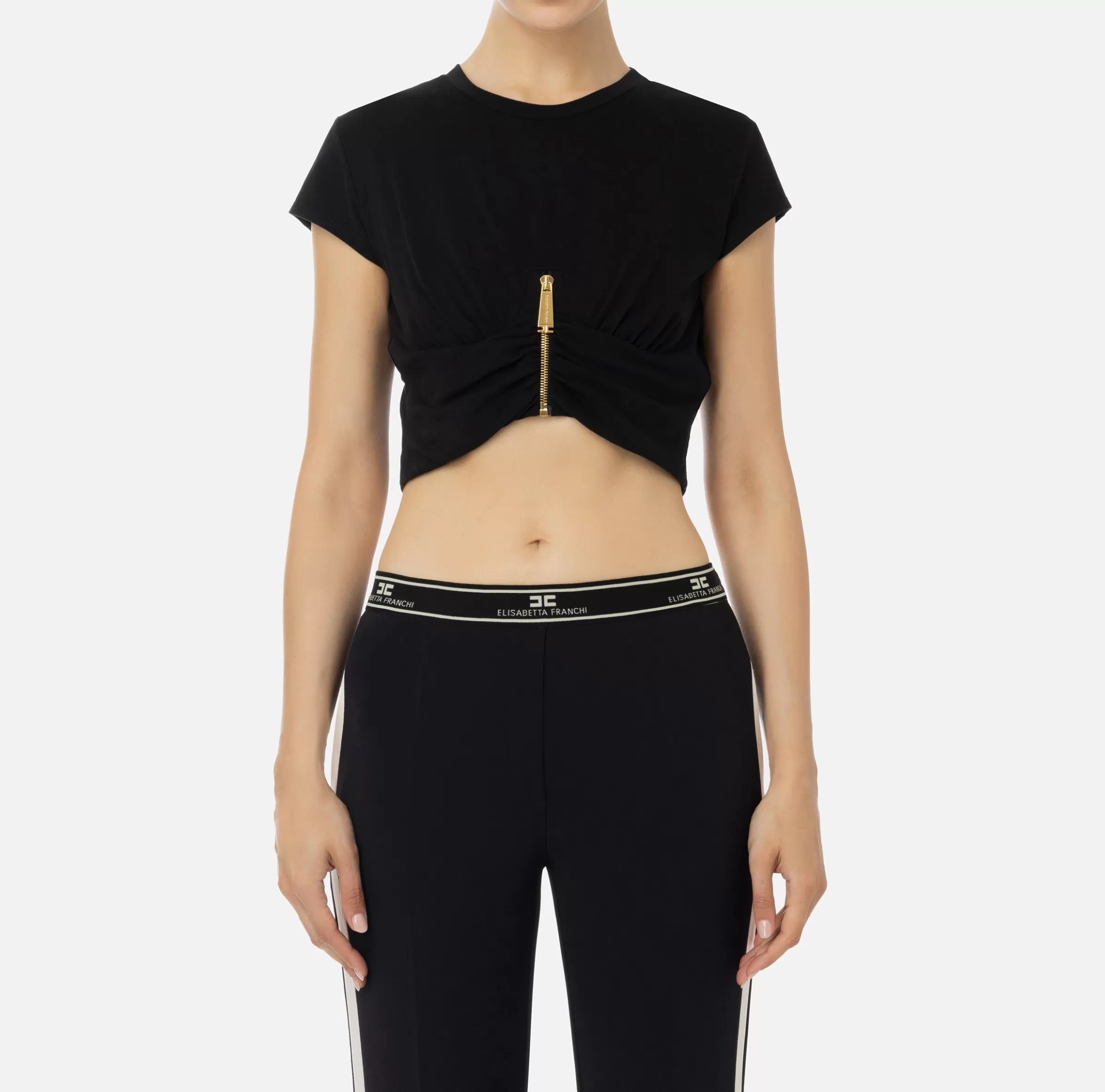 Elisabetta Franchi Top, T-Shirt & Body^T-shirt cropped in jersey con zip Nero