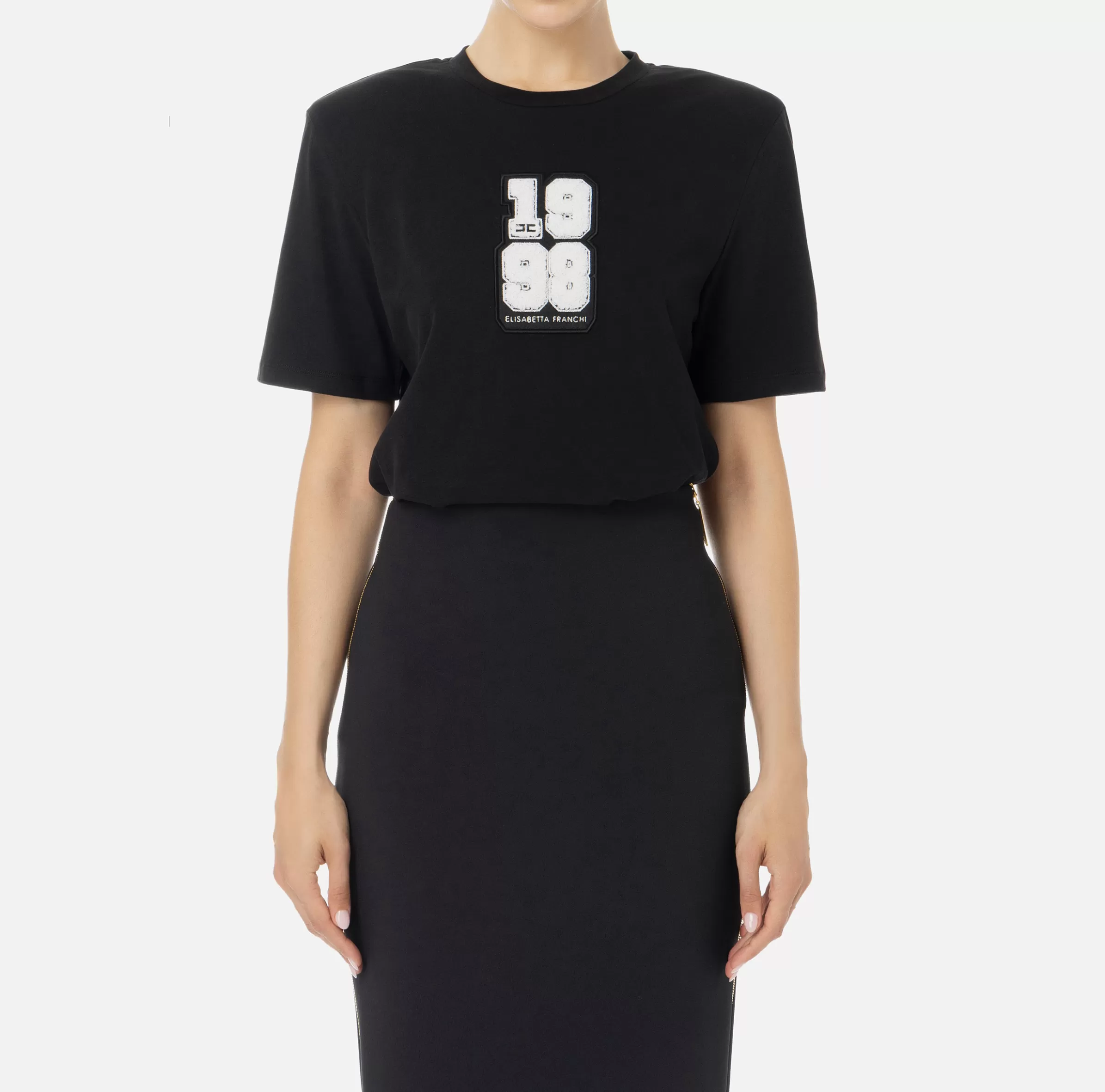 Elisabetta Franchi Top, T-Shirt & Body^T-shirt in cotone con patch logo stile college Nero