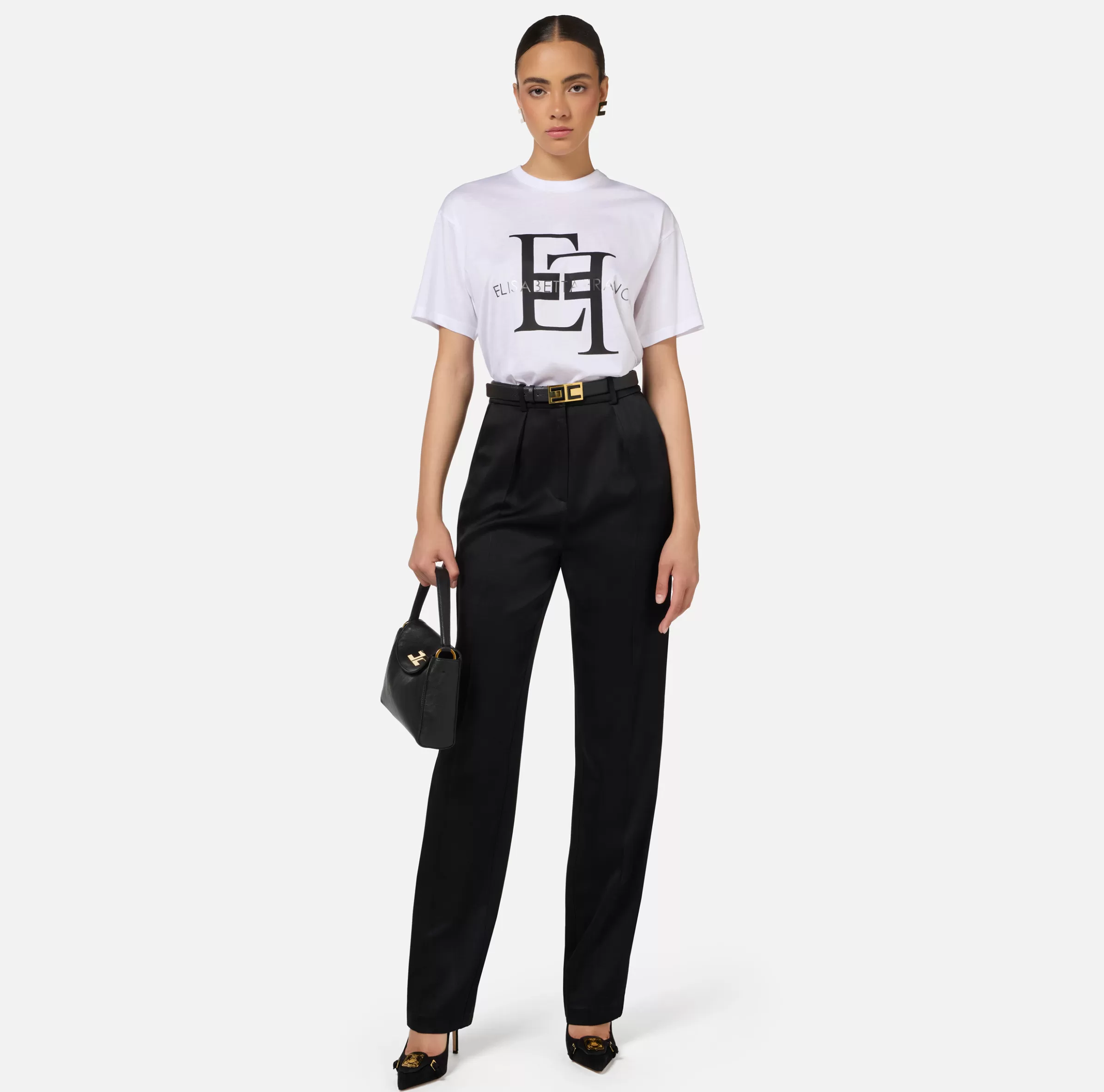 Elisabetta Franchi Top, T-Shirt & Body^T-shirt in jersey con maxi logo Gesso/Nero