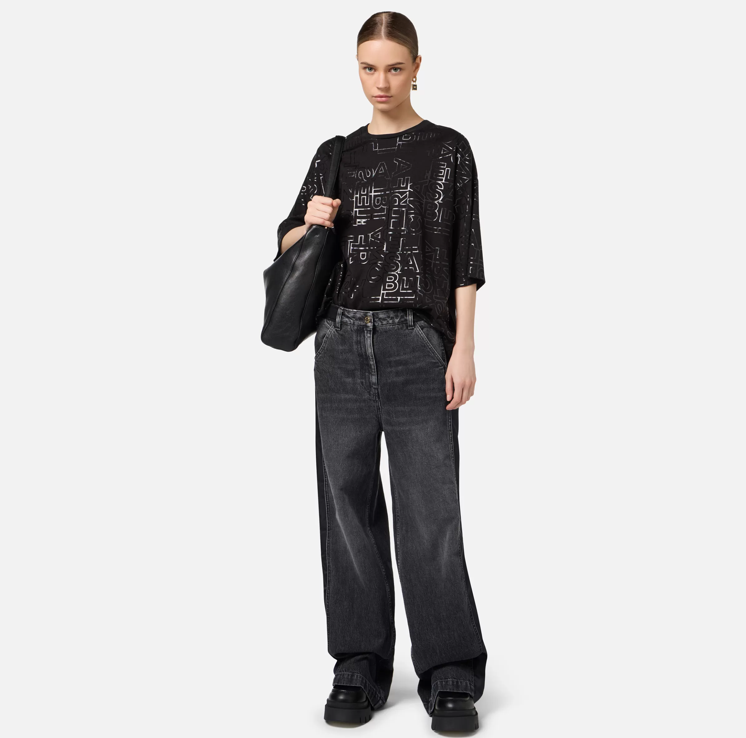 Elisabetta Franchi Top, T-Shirt & Body^T-shirt in jersey lettering lucido Nero