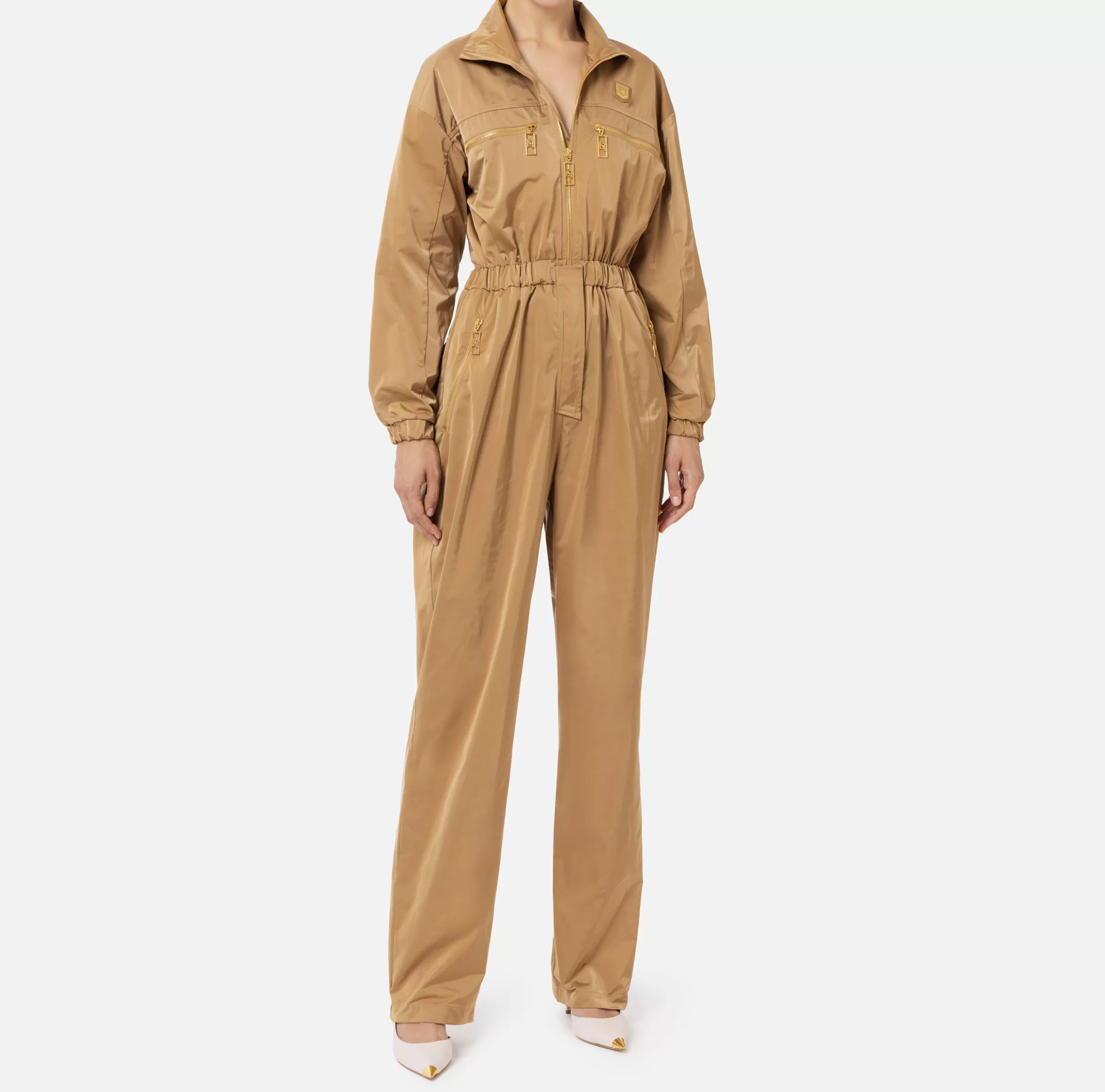 Elisabetta Franchi Tute^Tuta cargo in nylon tecnico con zip Camel