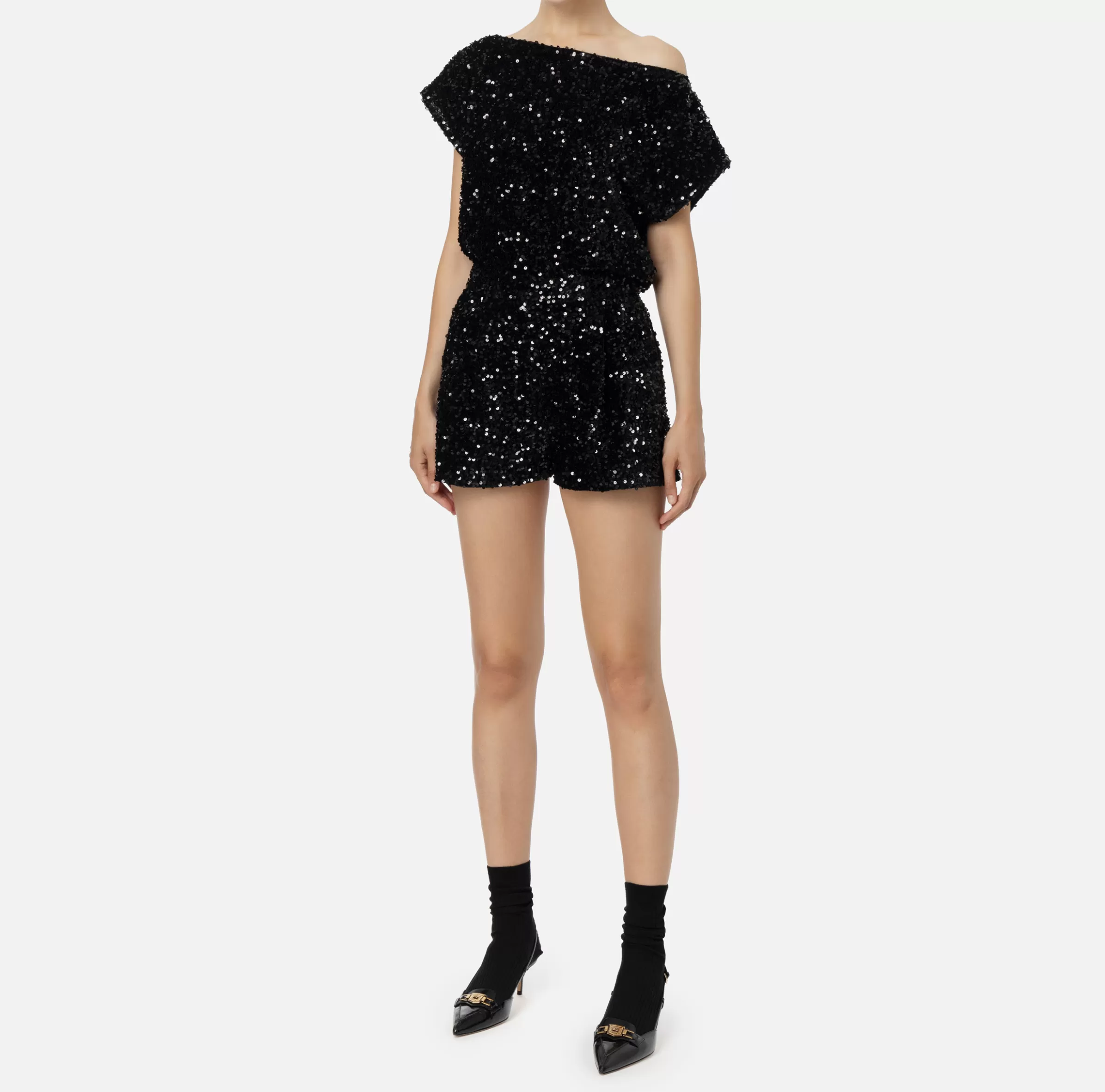 Elisabetta Franchi Tute^Tuta corta in ciniglia ricamata con paillettes Nero