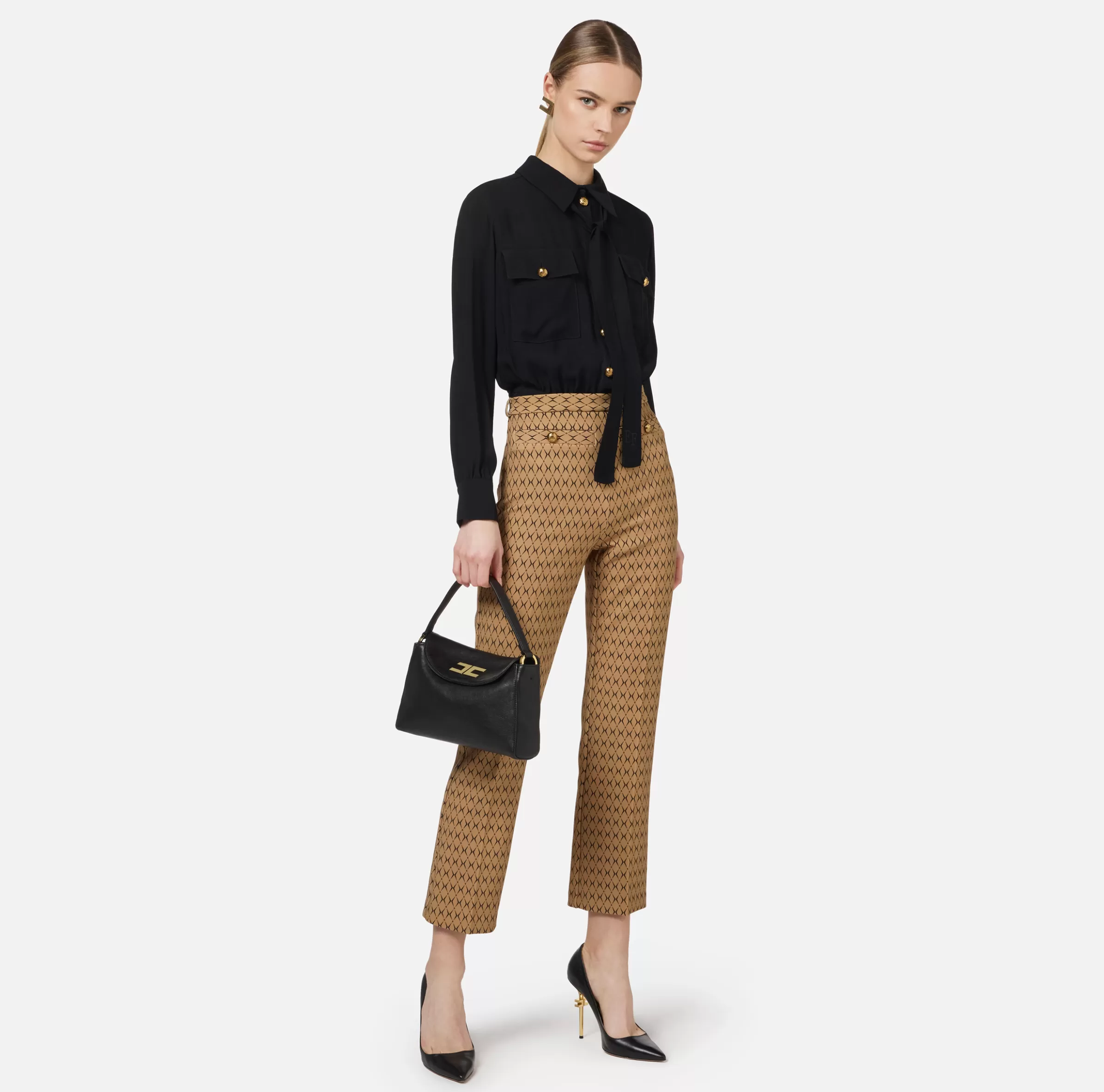 Elisabetta Franchi Tute^Tuta in crêpe stretch stampa rombo con fiocco Camel/Nero