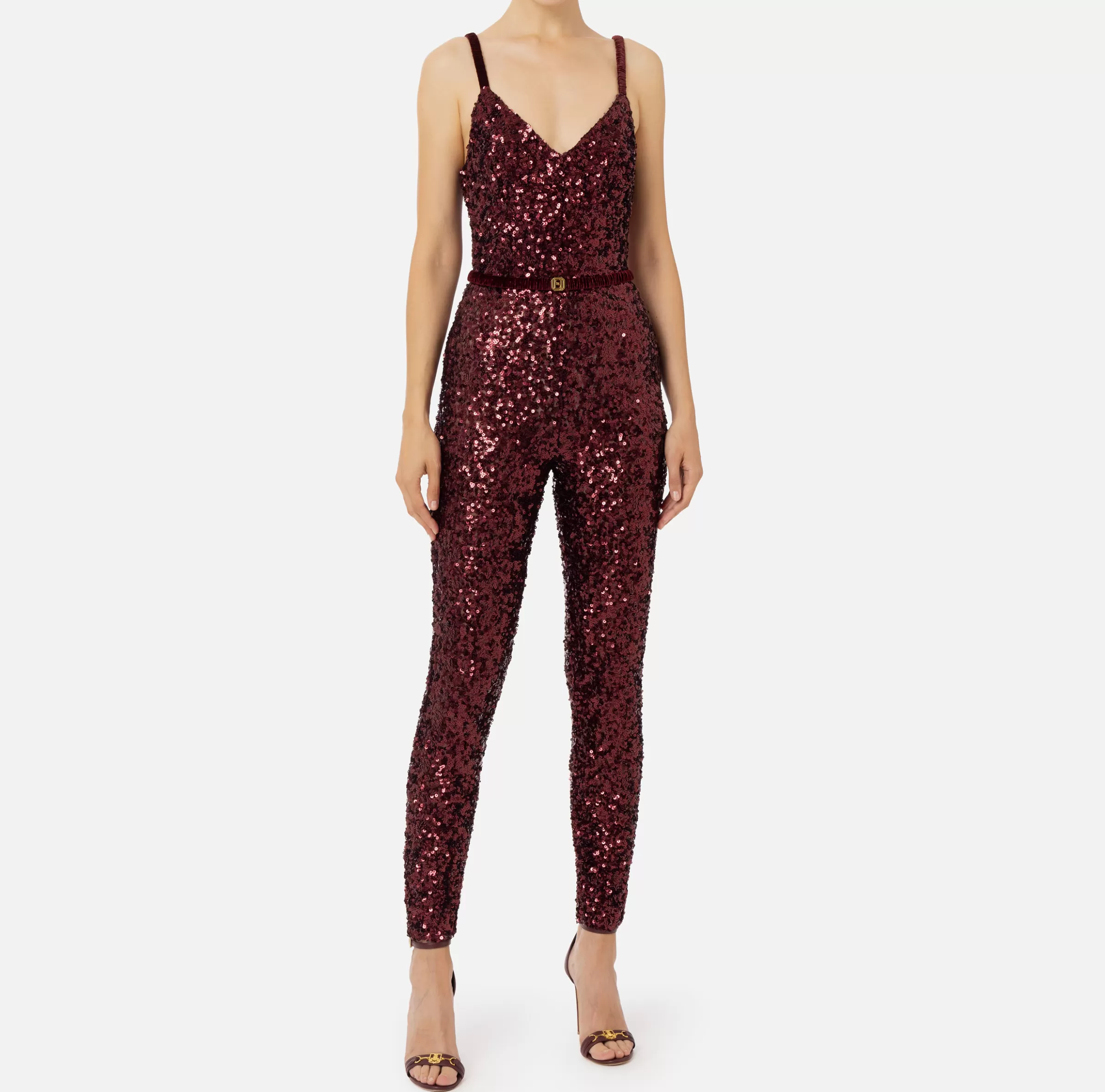Elisabetta Franchi Tute^Tuta in paillettes con cintura RougeNoir